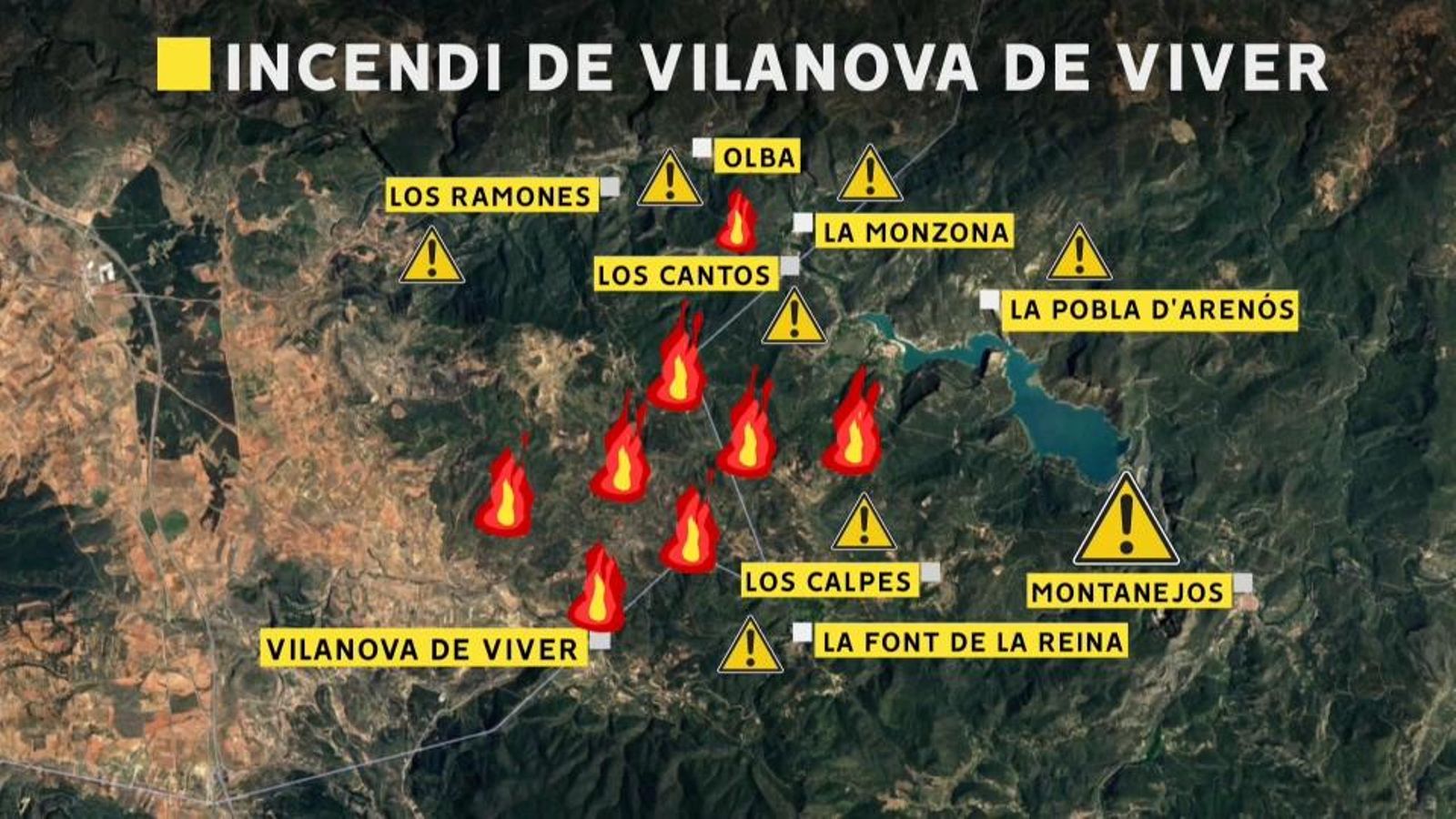 Nuclis urbans afectats per l'incendi originat a Vilanova de Viver