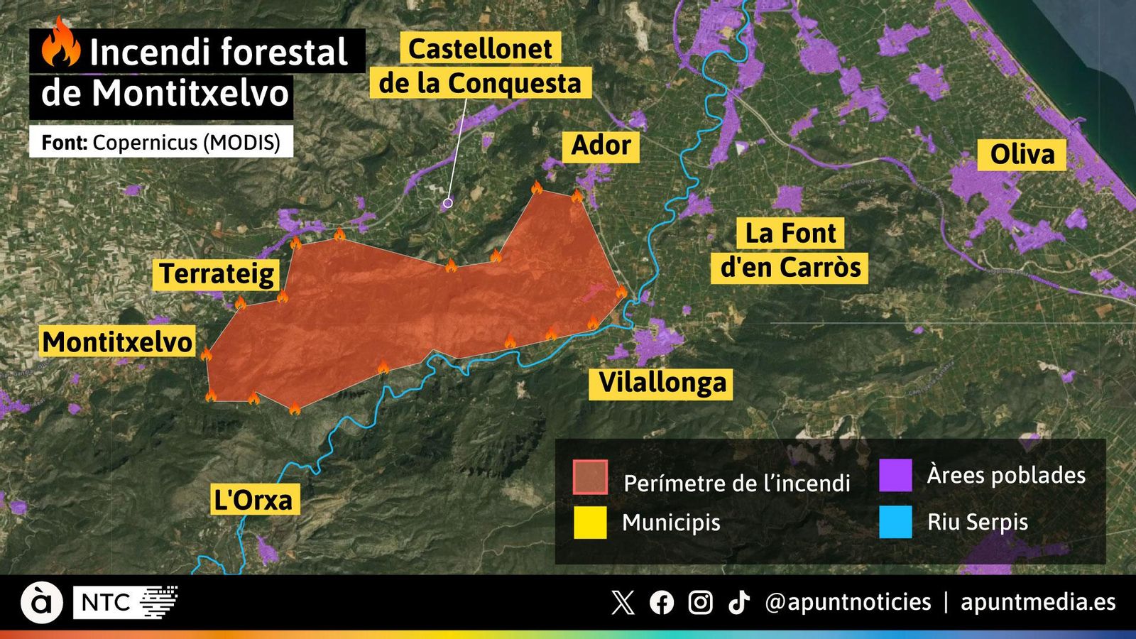 Perímetre aproximat de l'incendi forestal de Montitxelvo basat en les dades de punts calents MODIS de Copernicus