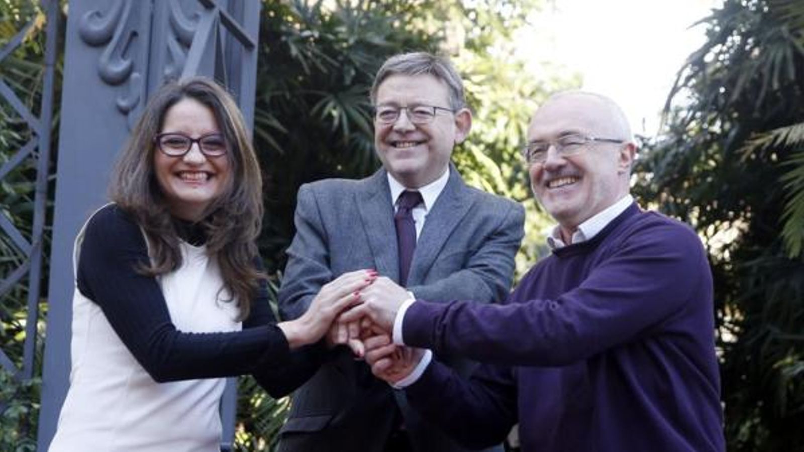 Els rostres del Pacte del Botànic: Mónica Oltra, Ximo Puig i Antonio Montiel