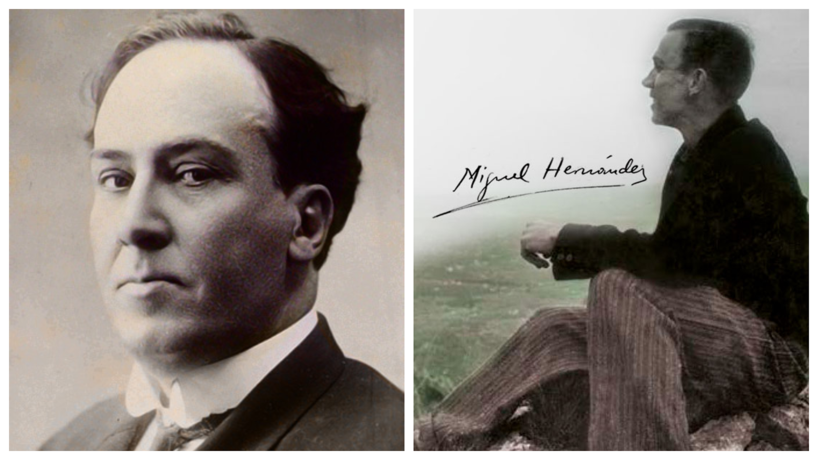 Fotografies d'arxiu d'Antonio Machado i Miguel Hernández utilitzades en la BVMC per a marcar les seues seccions