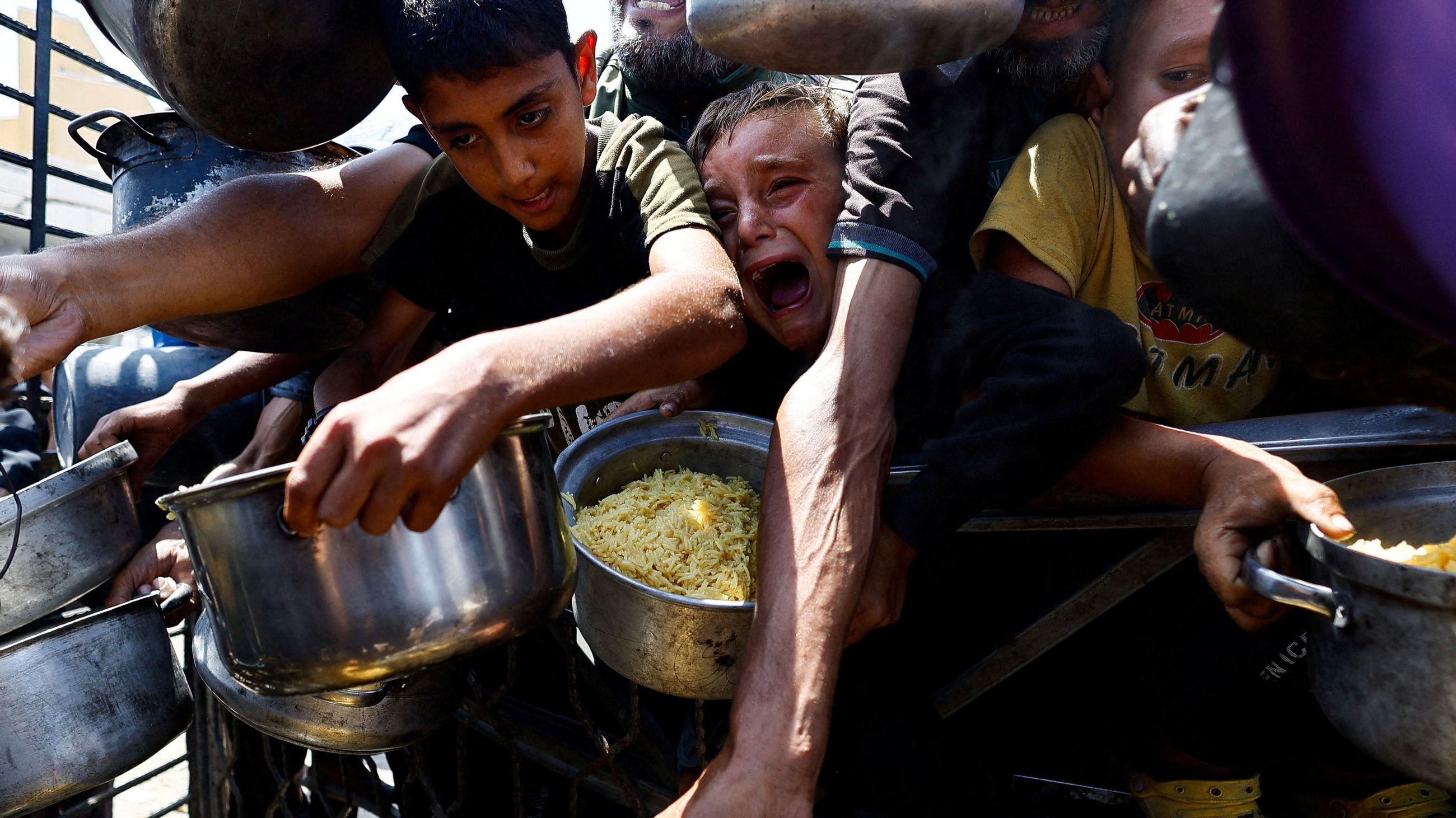 La lluita diària per a aconseguir menjar en un dels punts de distribució a Gaza La lluita diària per aconseguir un poc de menjar en un dels punts de distribució a Gaza