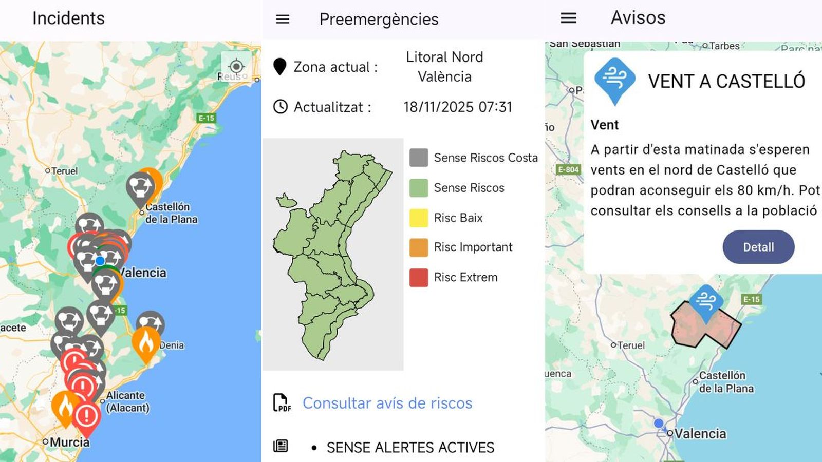 Captures de pantalla de l'aplicació 112 GVA Avisos