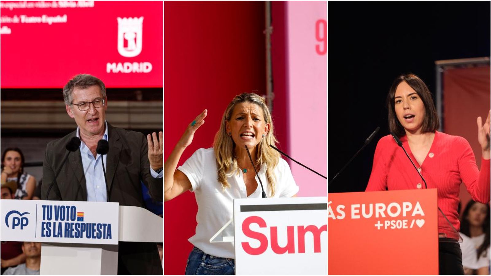 Alberto Núñez Feijóo, Yolanda Díaz i Diana Morant, en mítings