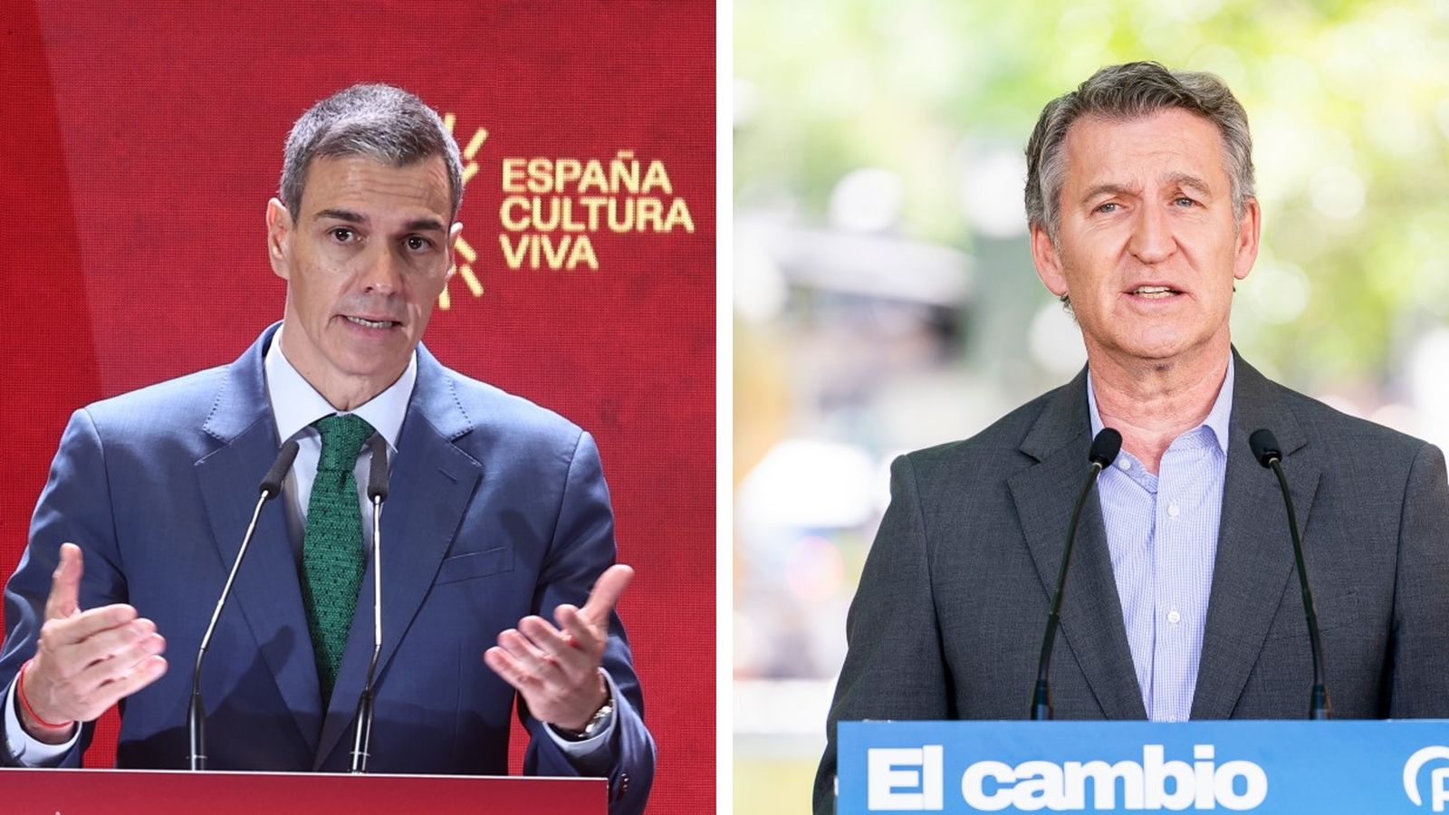 El líder del PSOE i president del govern, Pedro Sánchez, i el lider del PP de l'oposició, Alberto Núñez Feijóo, en diferentes actes este divendres