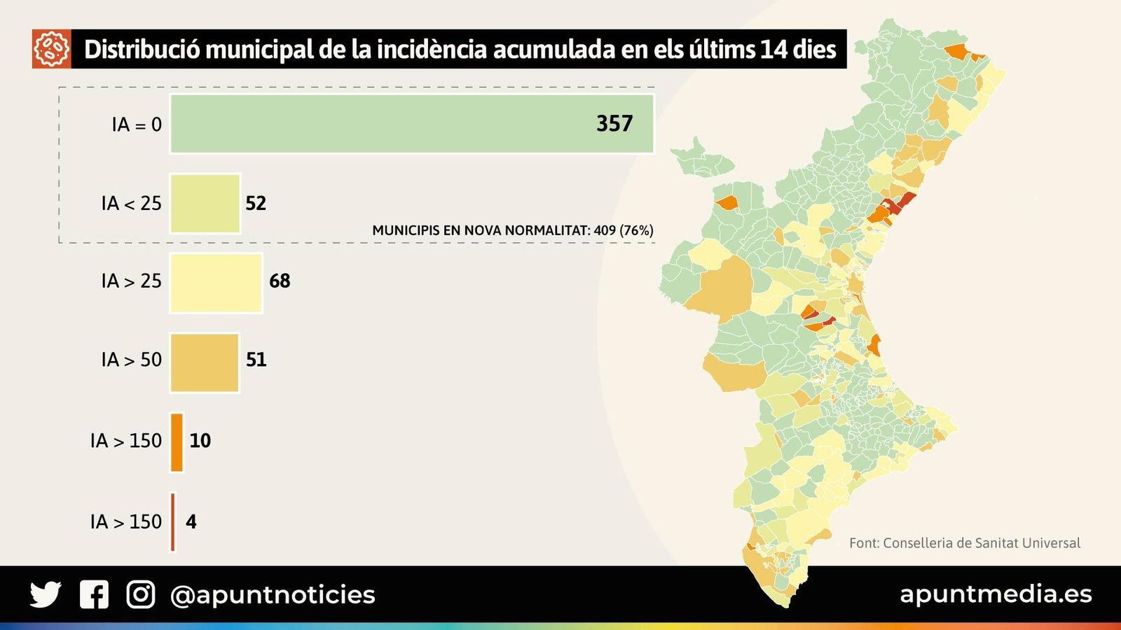 Mapa de la incidència acumulada a 14 dies a la Comunitat Valenciana