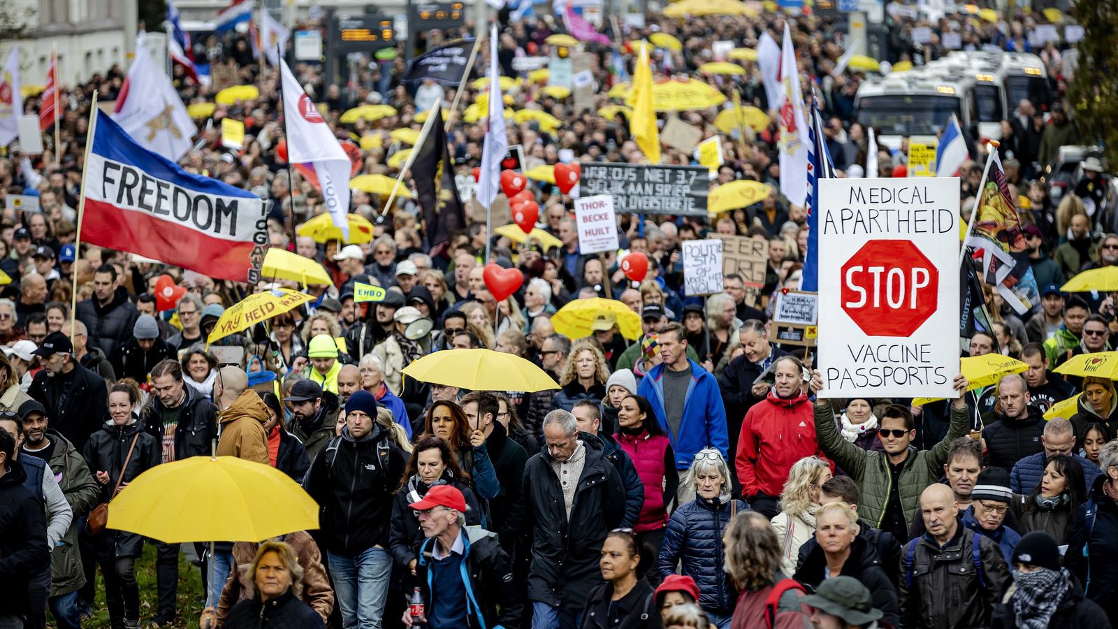 Opositors a les mesures contra el coronavirus participen en una marxa de protesta pel centre de la Haia, els Països Baixos