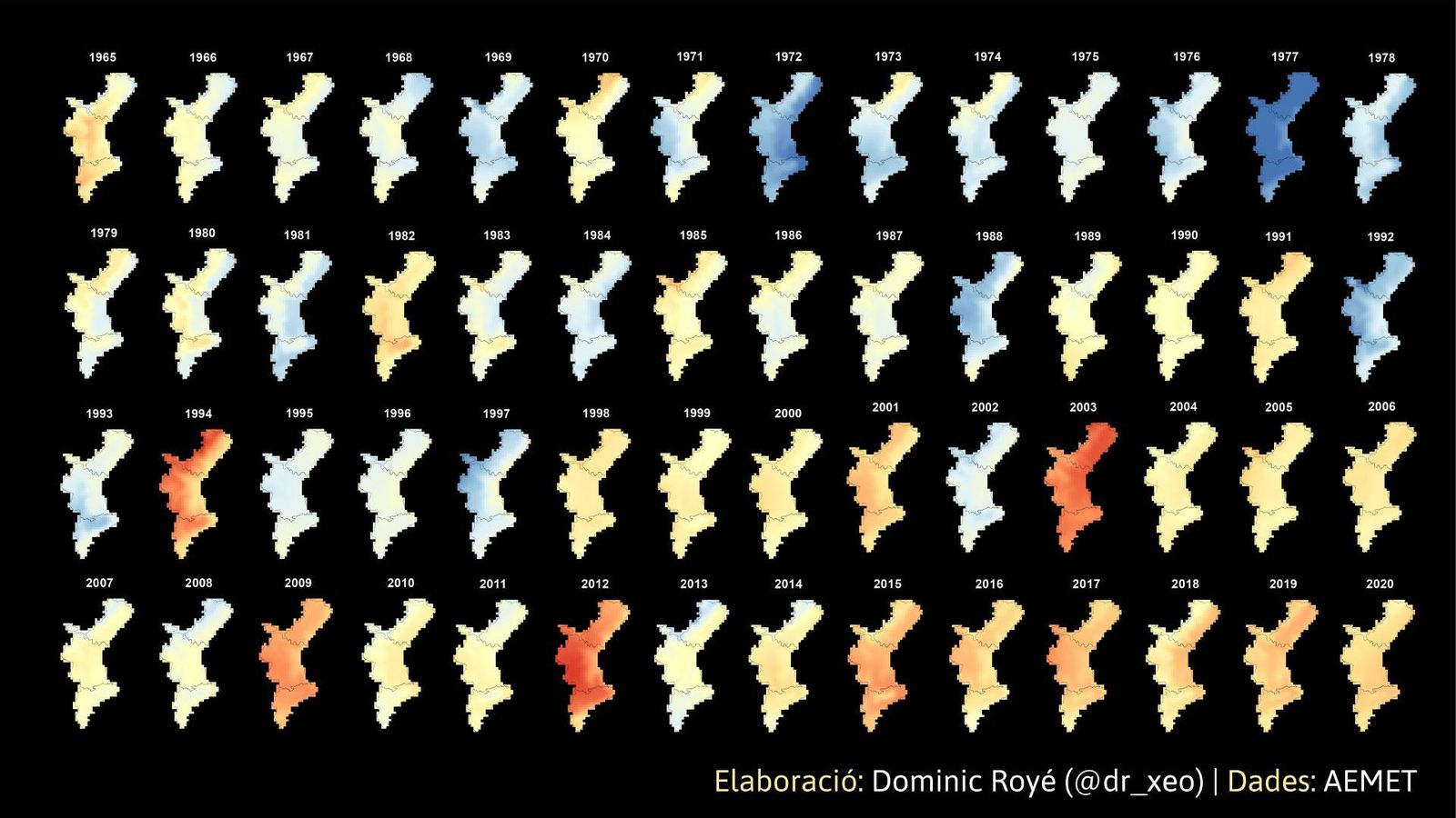 Anomalia de les temperatures màximes a l’estiu a la Comunitat Valenciana (període de referència entre 1981 i 2010)