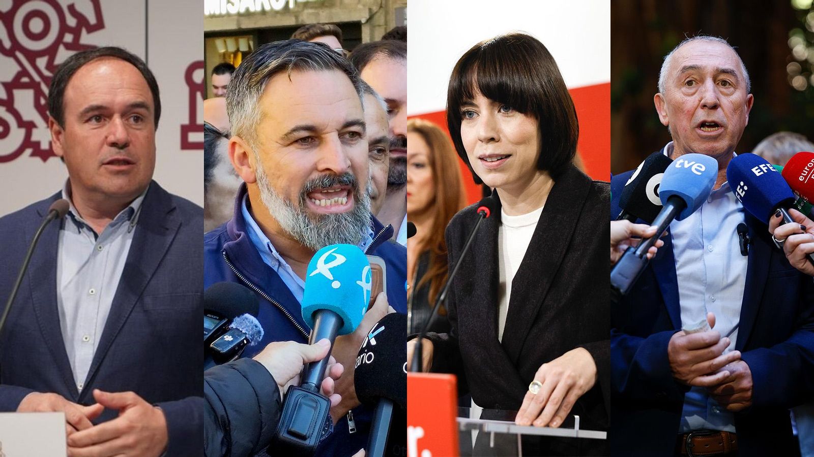 El secretari general del PP valencià, Juanfran Pérez Llorca, el president de Vox, Santiago Abascal, i la secretàra general del PSPV, Diana Morant