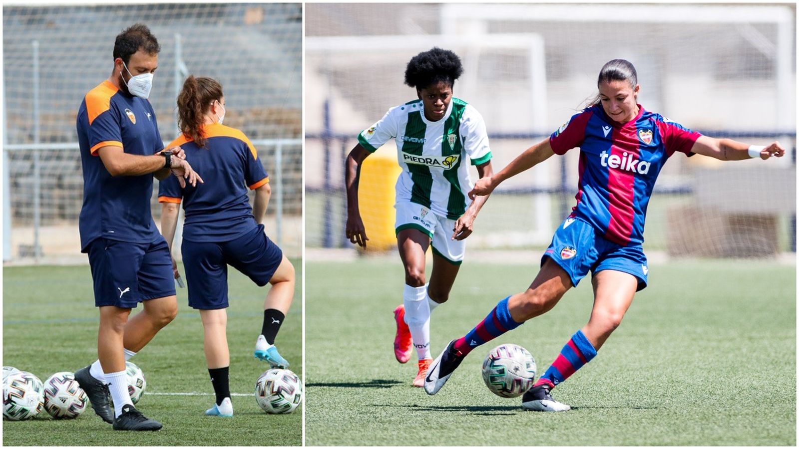 A l'esquerra l'entrenador del València B i a la dreta una jugadora del Llevant