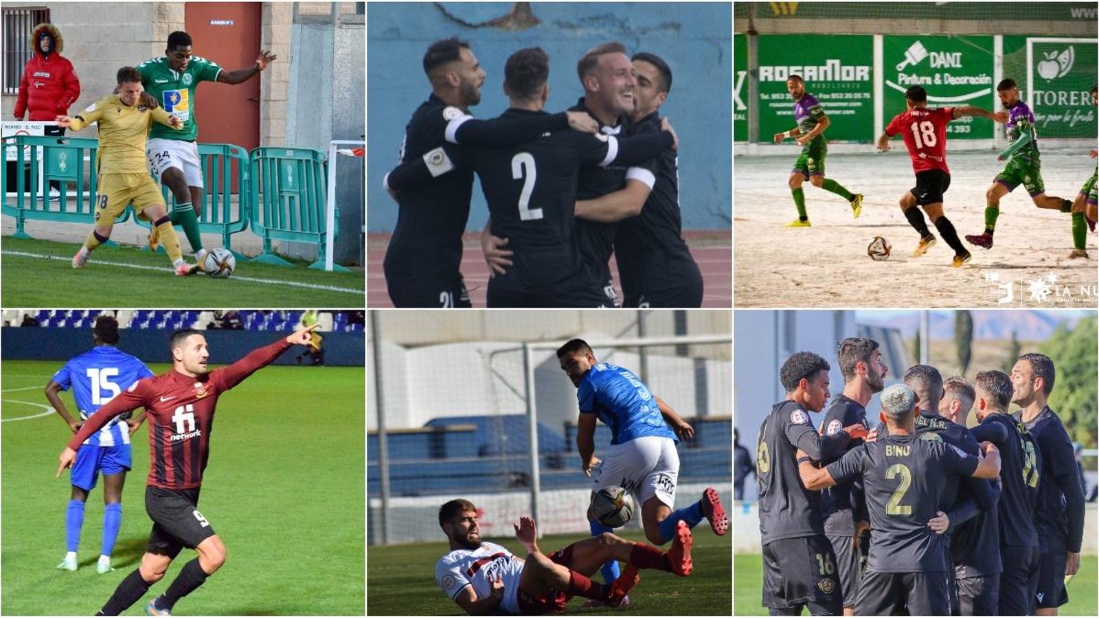 De dalt a baix i d'esquerra a dreta, accions dels partits de l'Atlètic Llevant, Eldenc, Hèrcules, Alzira, La Nucia i Intercity