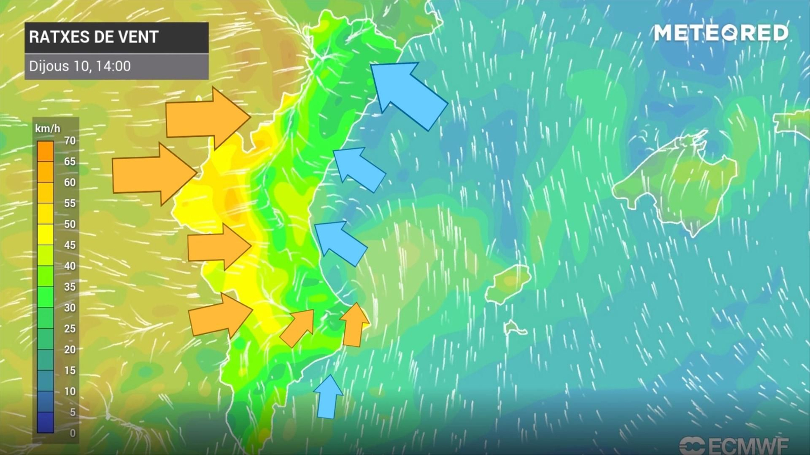 Vent previst en superfície dijous 10 al migdia