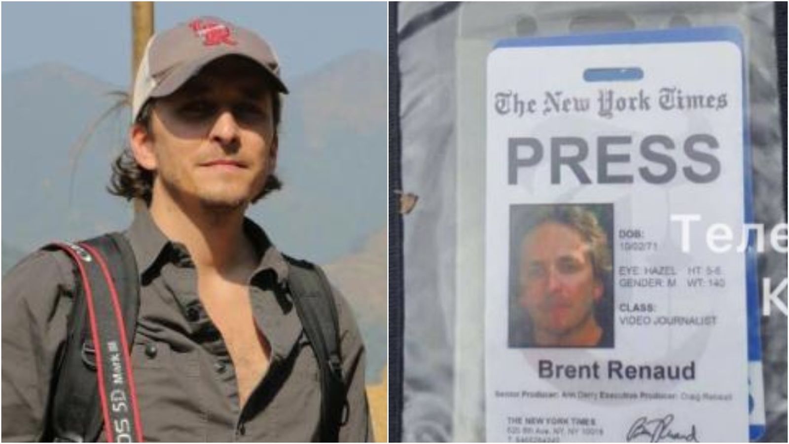 El periodista Brent Renaud i la placa d'identificació que portava a Ucraïna
