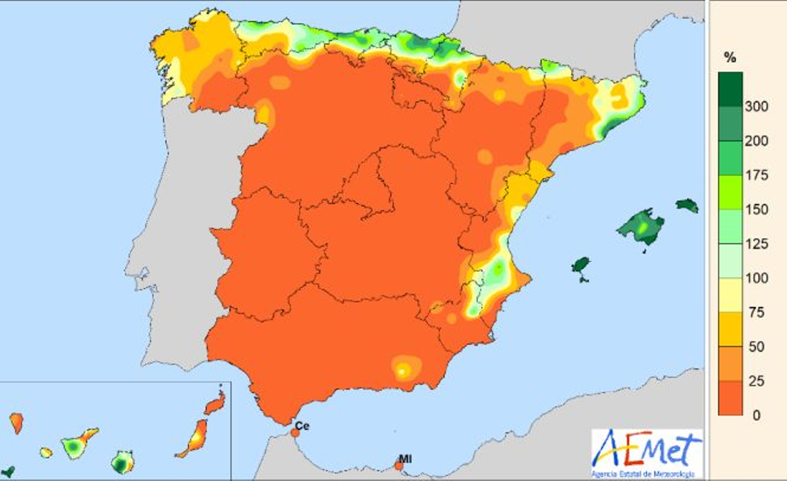 Percentatge de precipitació recollida en agost de 2023 respecte de la mitjana en aquest mes del període 1991-2020