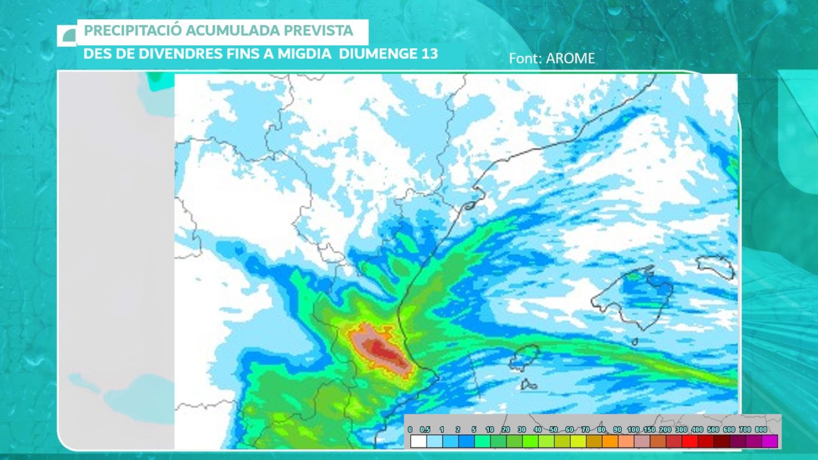 PREVISIÓ PLUJA ACUMULADA DES DE DIVENDRES NIT FINS A MIGDIA DE DIUMENGE