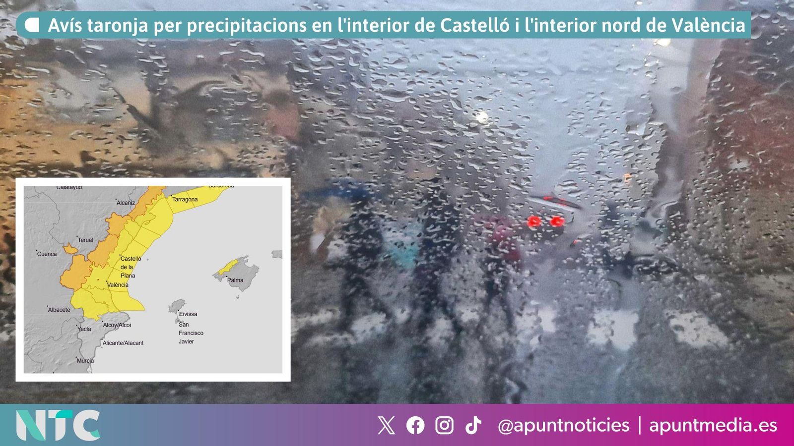 Avís taronja per precipitacions a l'interior de Castelló i l'interior nord de València Avís taronja per precipitacions en l'interior de Castelló i l'interior nord de València