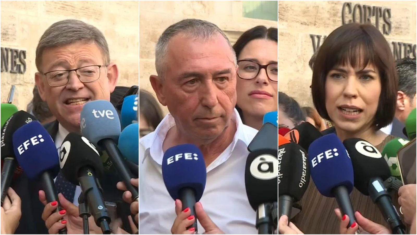 D'esquerra a dreta, el líder del PSPV Ximo Puig, el cap de Compromís Joan Baldoví, amb la diputada Aitana Mas, i la ministra de Ciència i Innovaciò i número u de la llista dels socialistes al Congrés per València, Diana Morant
