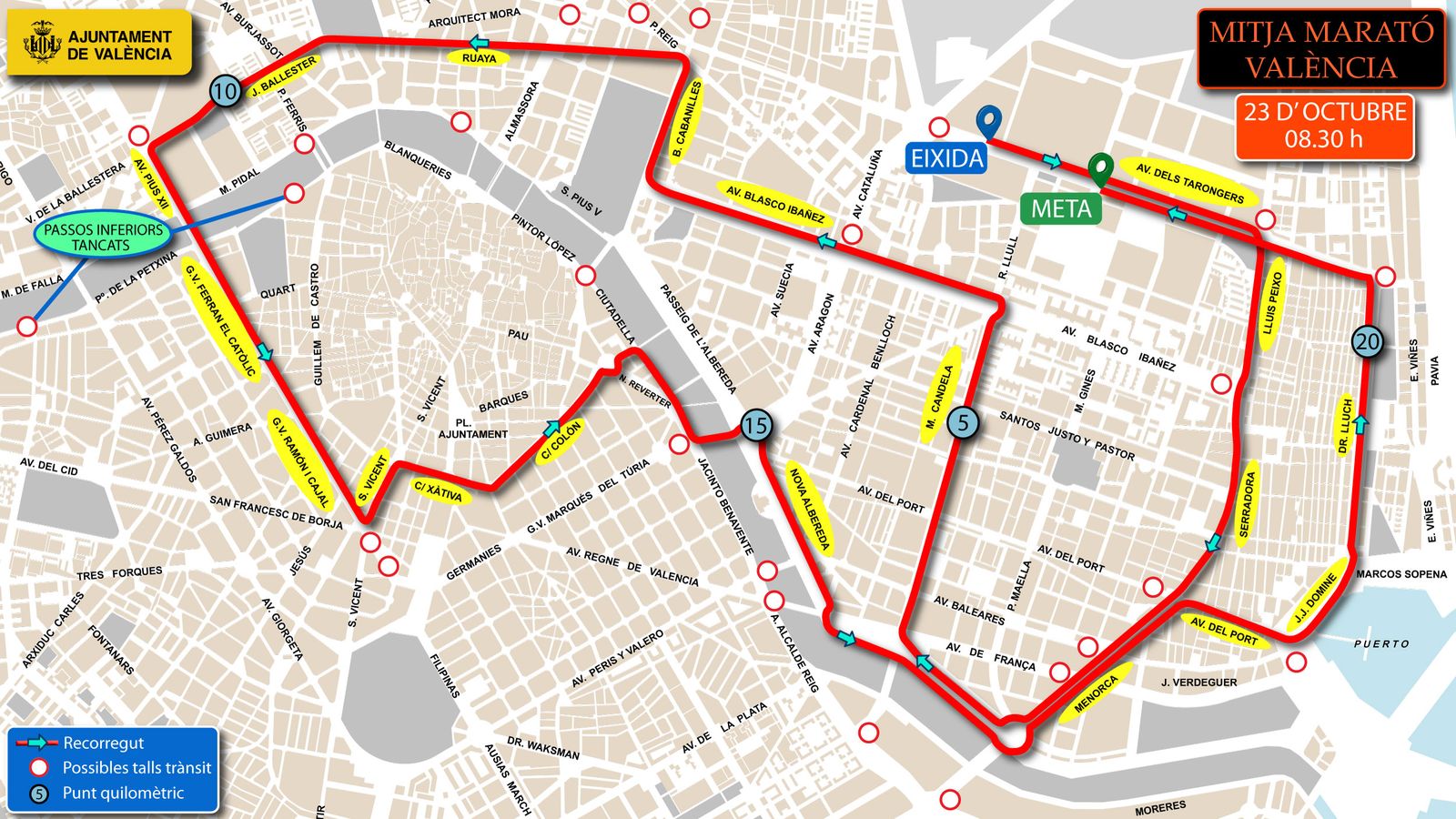 Plànol del recorregut de la Mitjà Marató a la ciutat de València