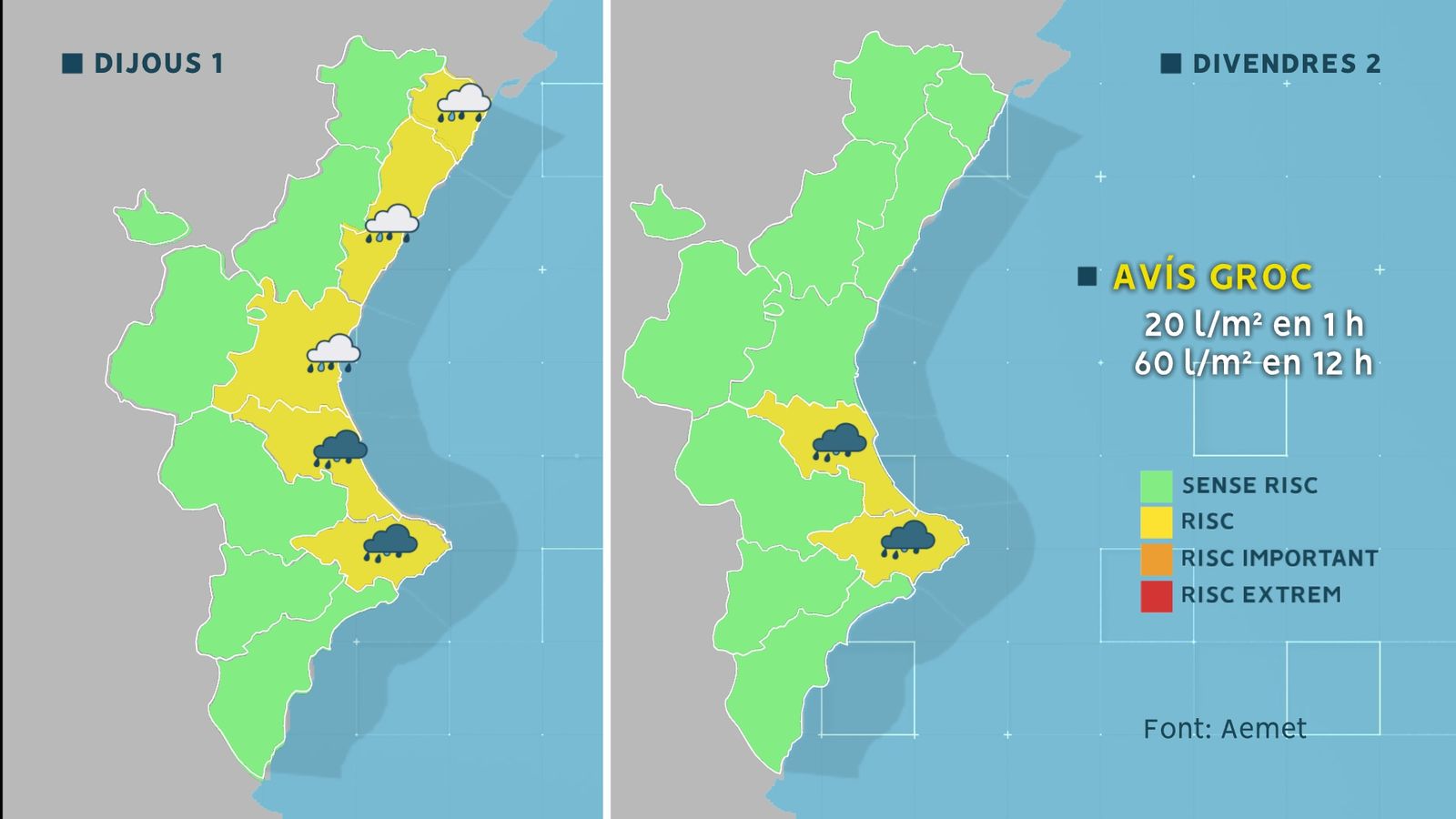 Avisos grocs per pluges que ha decretat l'Aemet