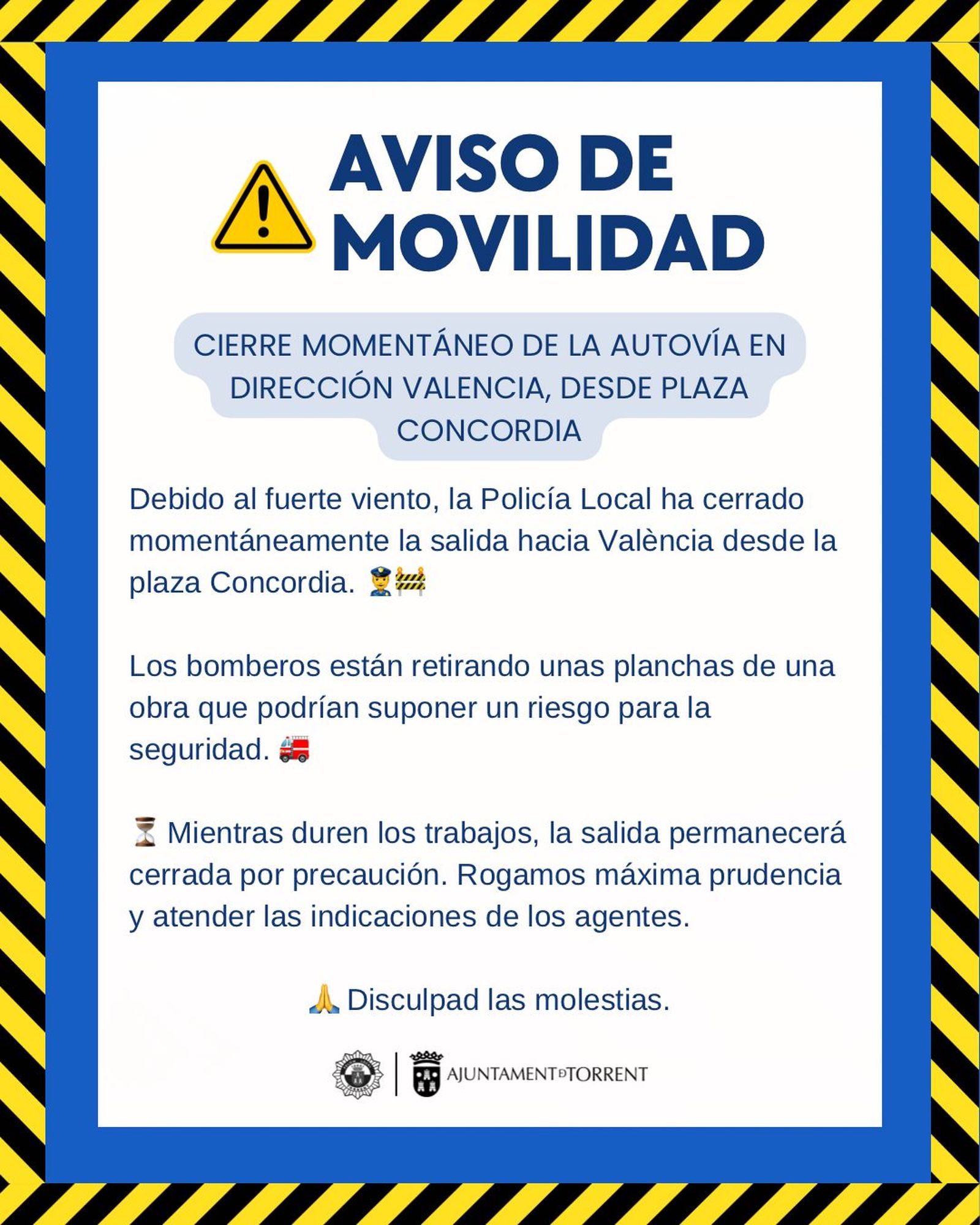 L'Ajuntament de Torrent notifica el tancament de la eixida a València pel fort vent