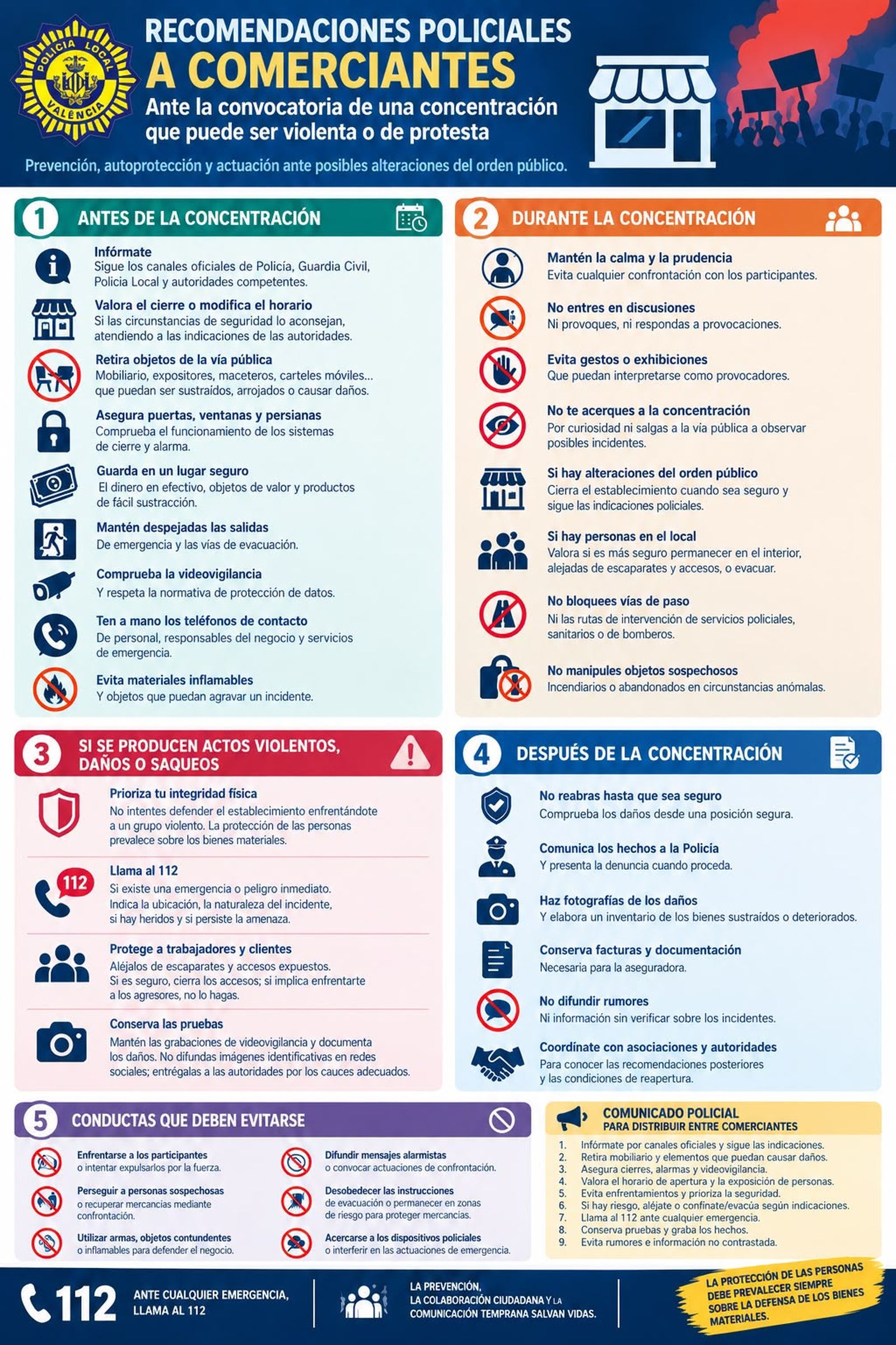 Recomanacions de la Policia Local de València davant de la convocatòria del dissabte