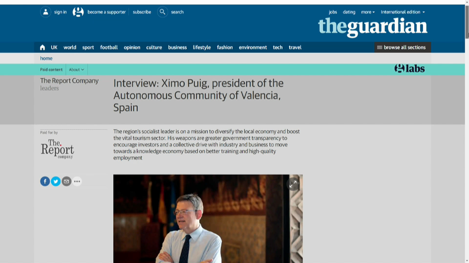 Entrevista al president de la Generalitat, Ximo Puig, en 'The Guardian'