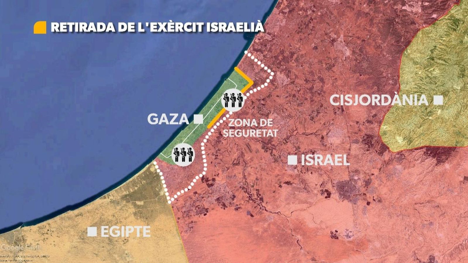 La línia groga marca el llindar de la retirada de l'exèrcit israelià durant la primera fase de l'acord