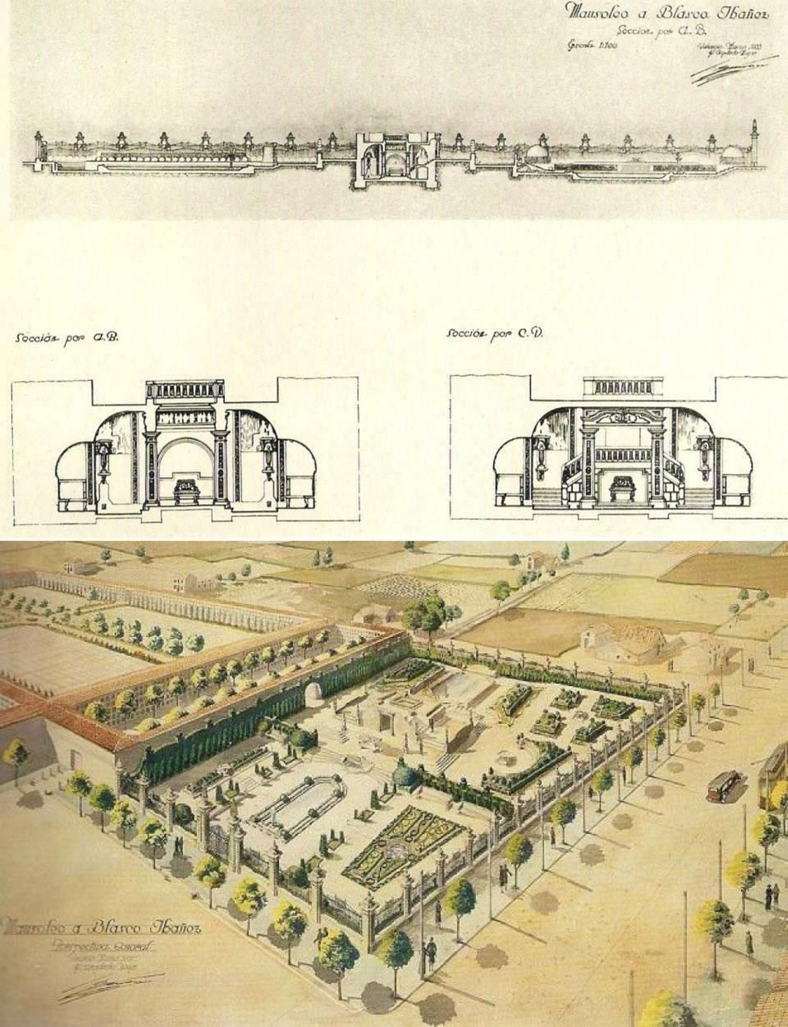 Dibuixos i plànol del monument funerari dissenyat per Goerlich