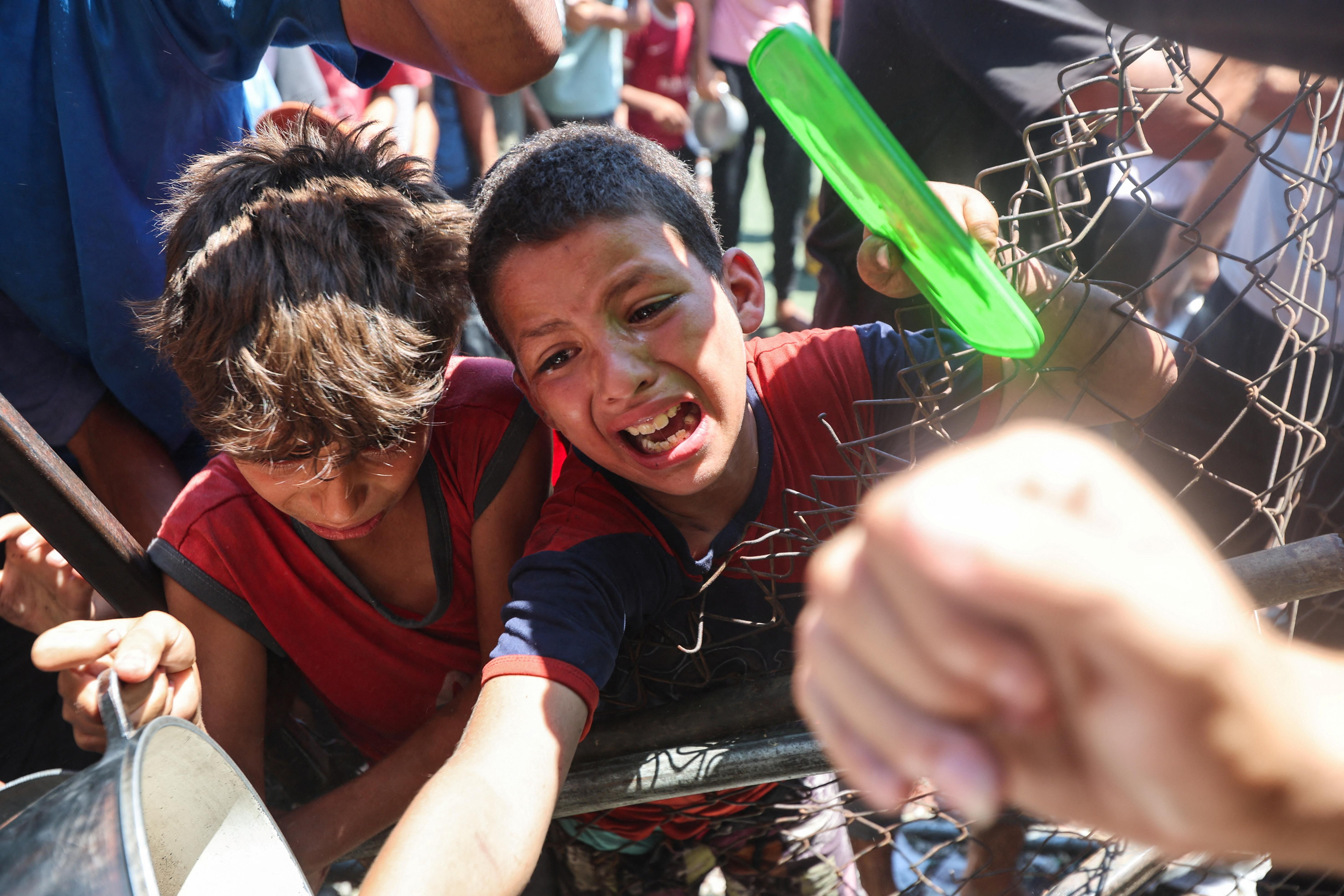 Un xiquet lluita per a aconseguir aliments en un punt de distribució de Gaza Un xiquet lluita per a aconseguir aliments en un punt de distribució de Gaza