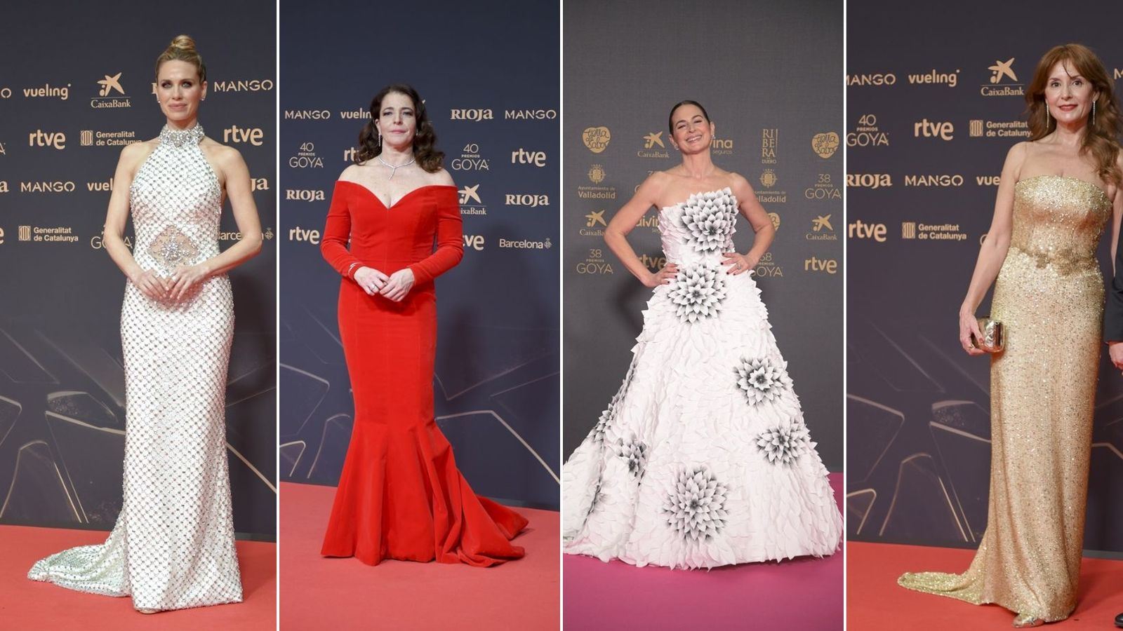 D'esquerra a dreta, Vanesa Romero, Nora Navas, Cuca Escribano i Lupe Cartié, en la catifa dels Goya amb disseny de Rubén Hernández