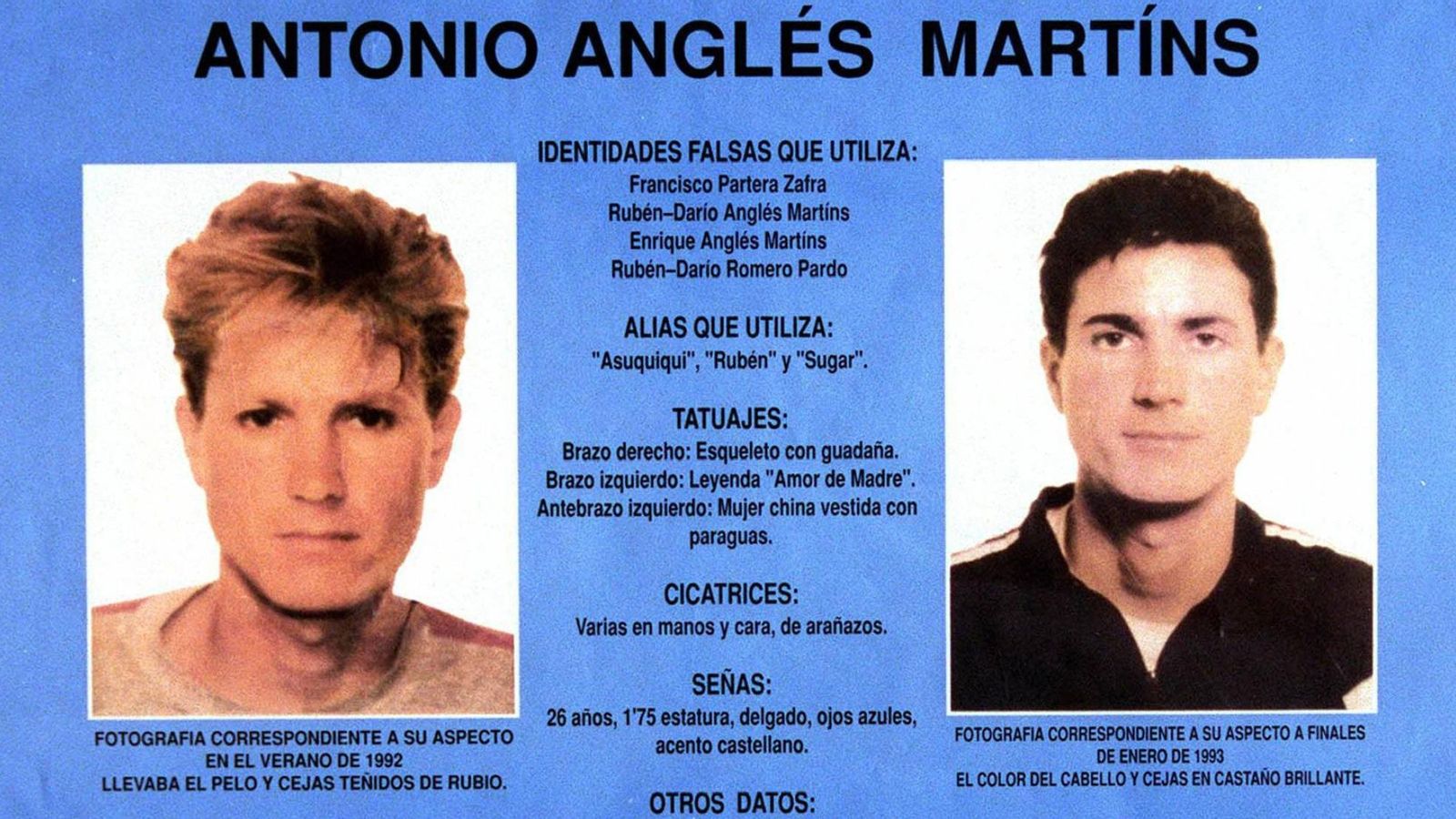 El cartell editat pel Ministeri de l'Interior en 1993 per a la cerca d'Anglés