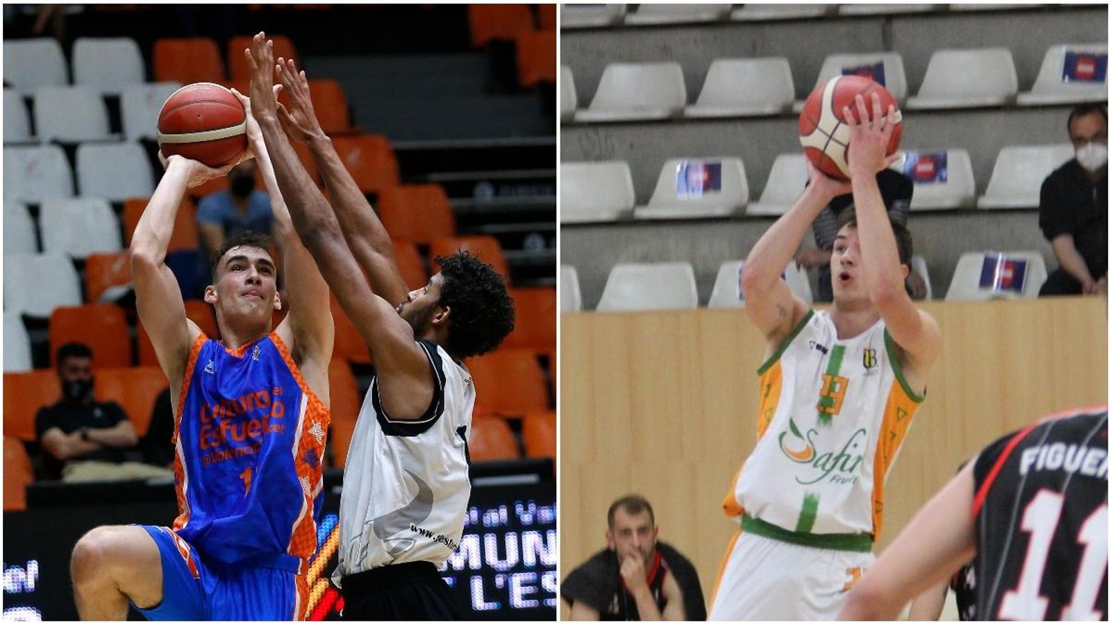 Dos jugadors, del València Basket i de l'Alginet, fan un llançament a canasta