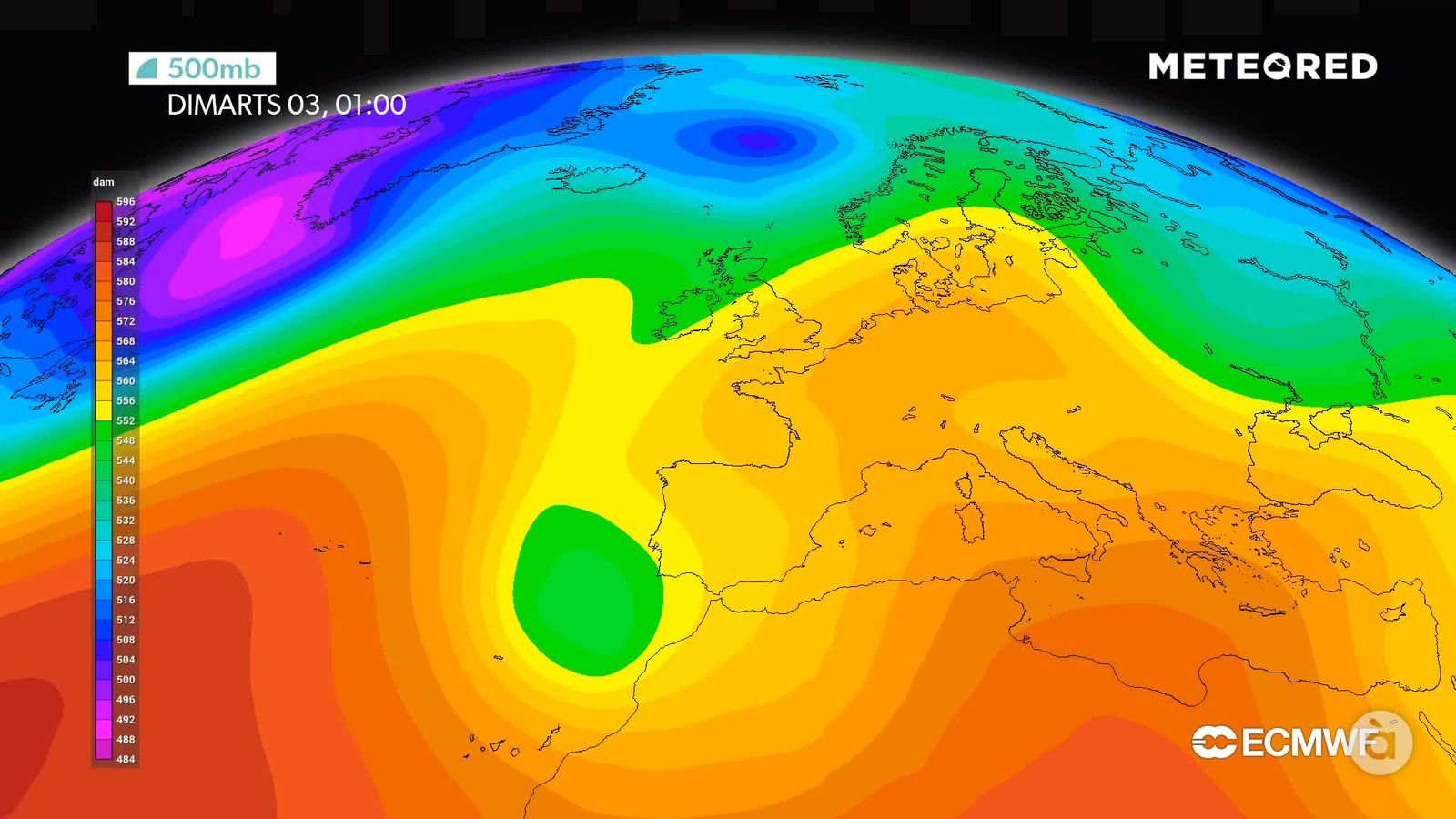 SITUACIÓ NIT DE DILLUNS A DIMARTS ALTURA CAPA DE 500 hPa