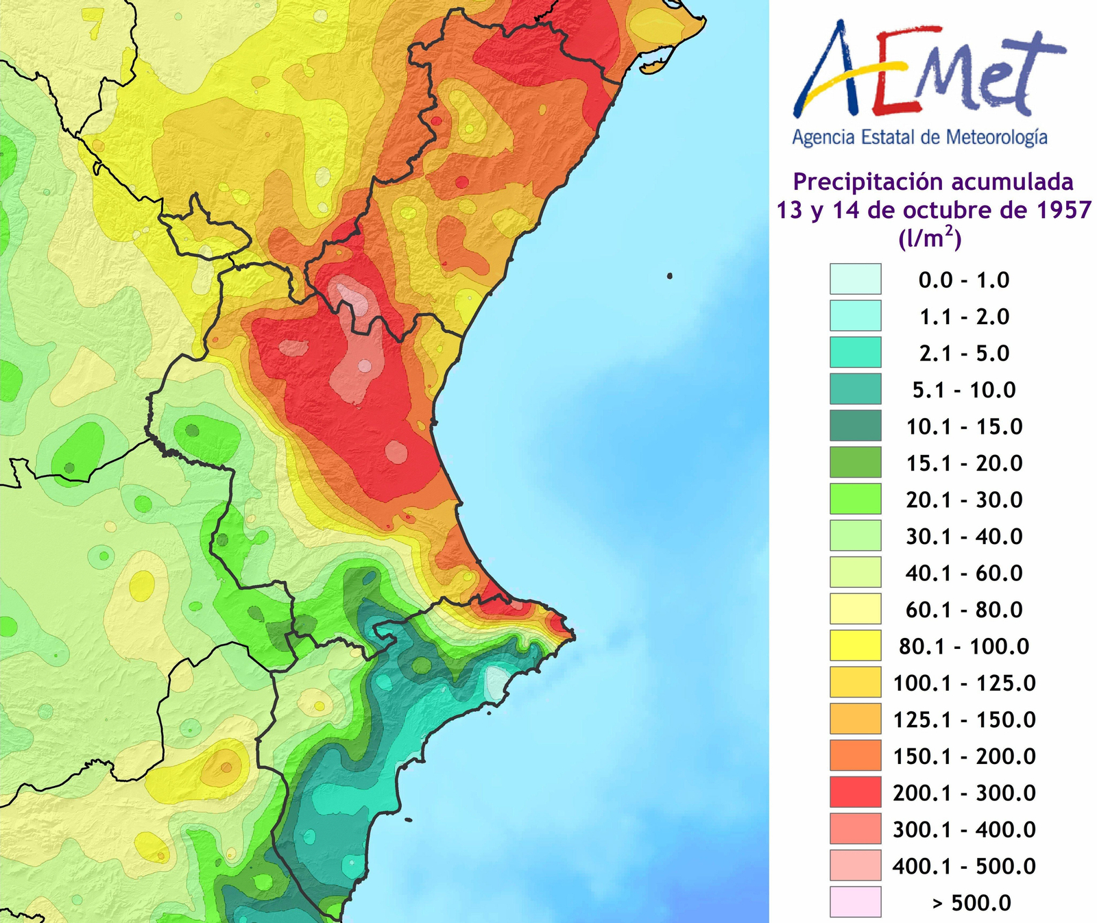 Precipitació acumulada entre el 13 i el 14 d'octubre de 1957