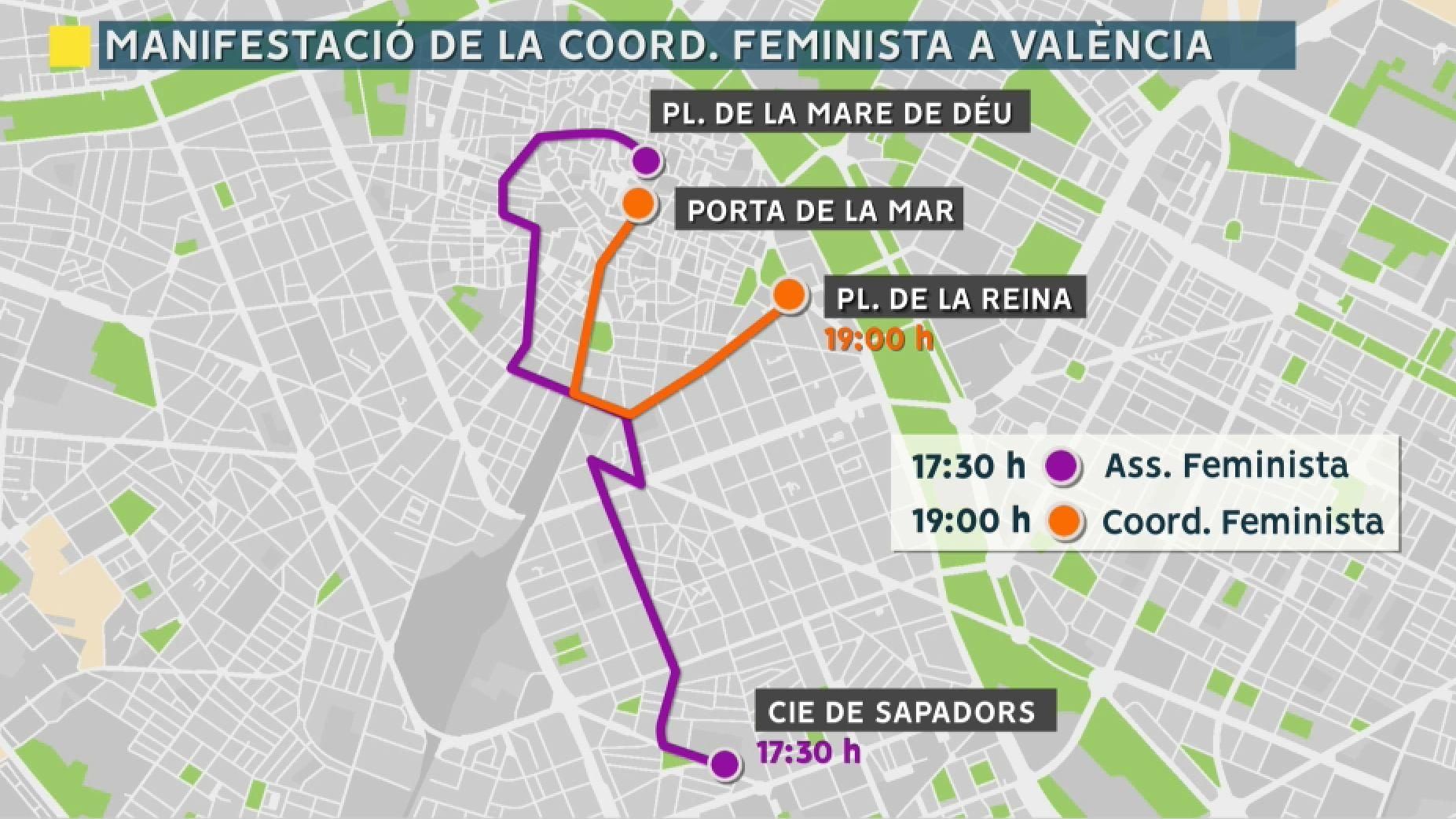 Recorregut de les dues manifestacions que recorreran València aquest divendres a la vesprada Recorregut de les dues manifestacions que recorreran València aquest divendres a la vesprada