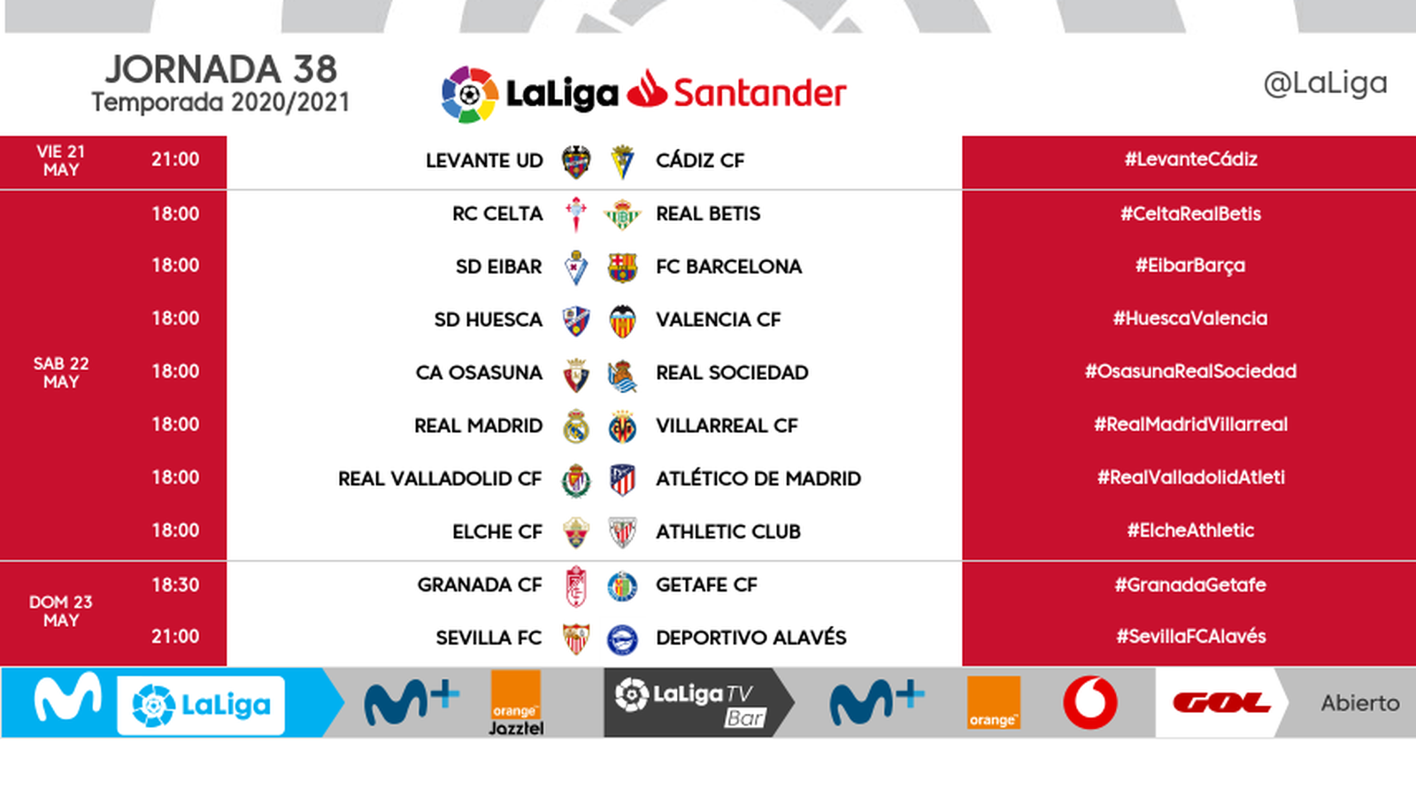 La Lliga modifica els horaris de l'última jornada