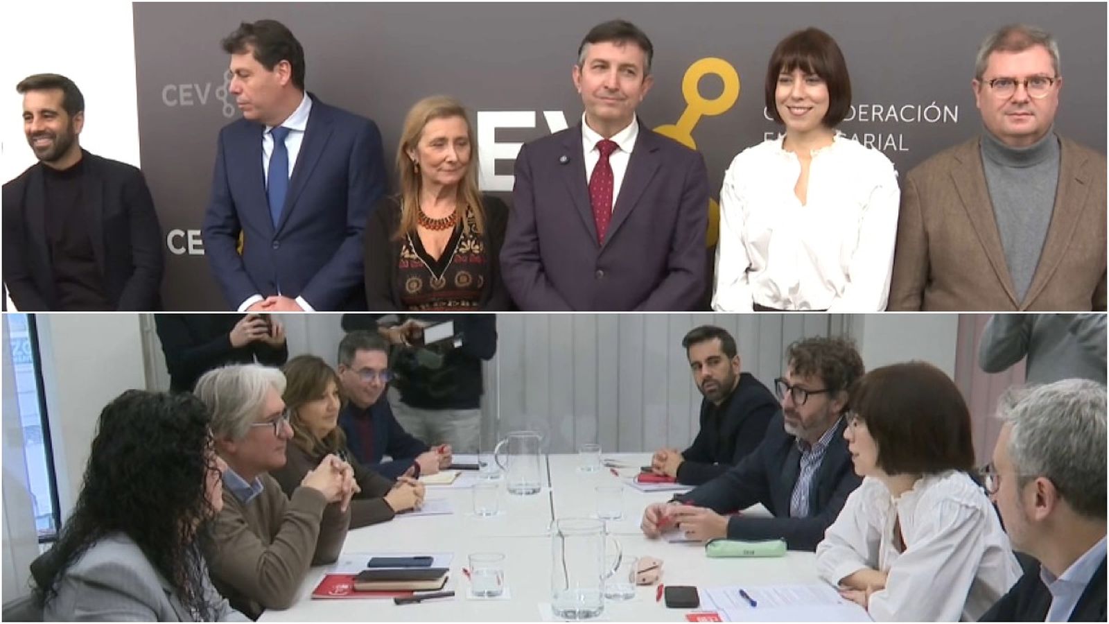 De dalt a baix, imatges de la reunió del PSPV amb la CEV i els sindicats majoritaris