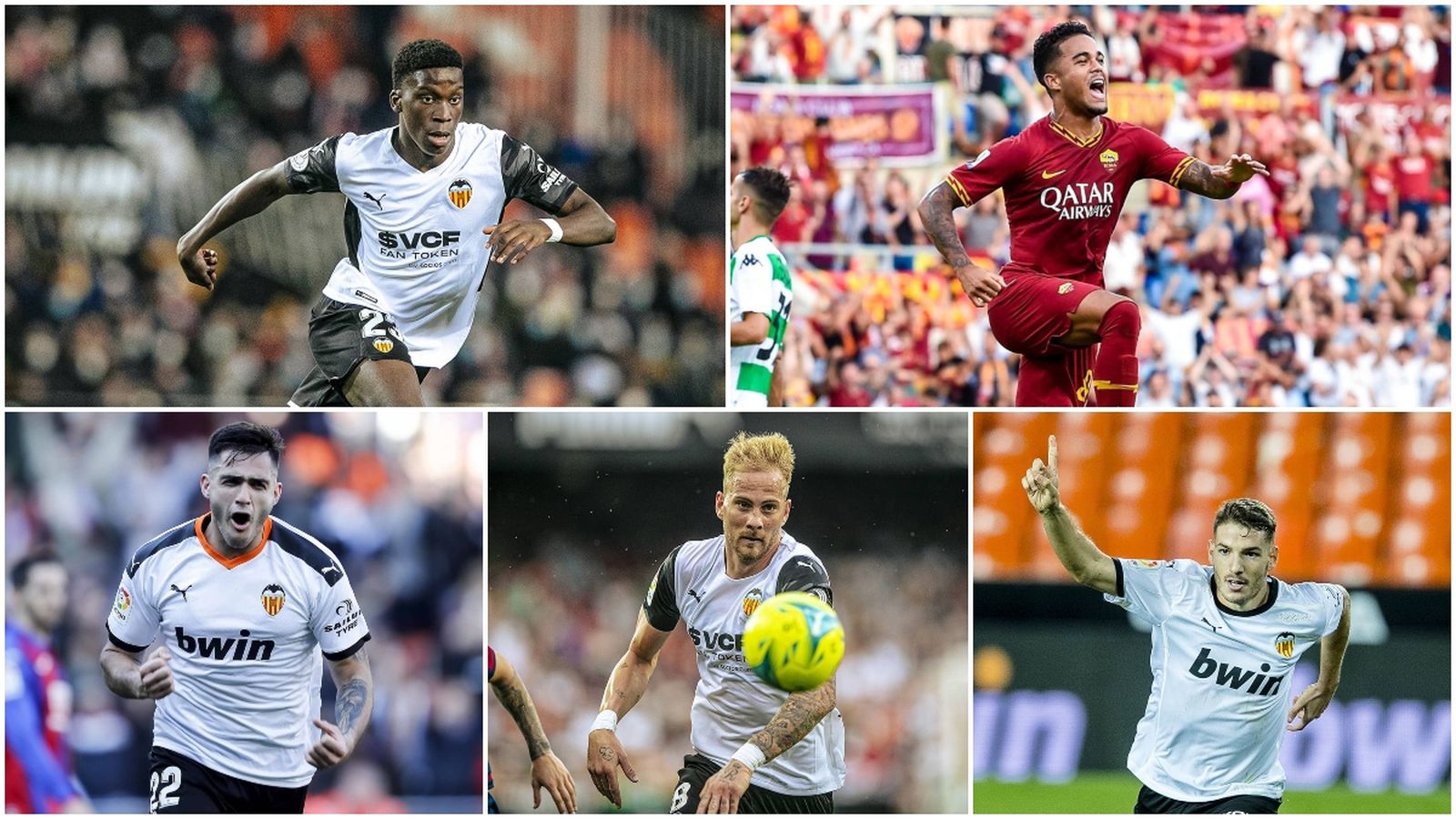 D'esquerra a dreta i de dalt a baix: Illaix Moriba, Bryan Gil, Maxi Gómez, Uros Racic i Manu Vallejo