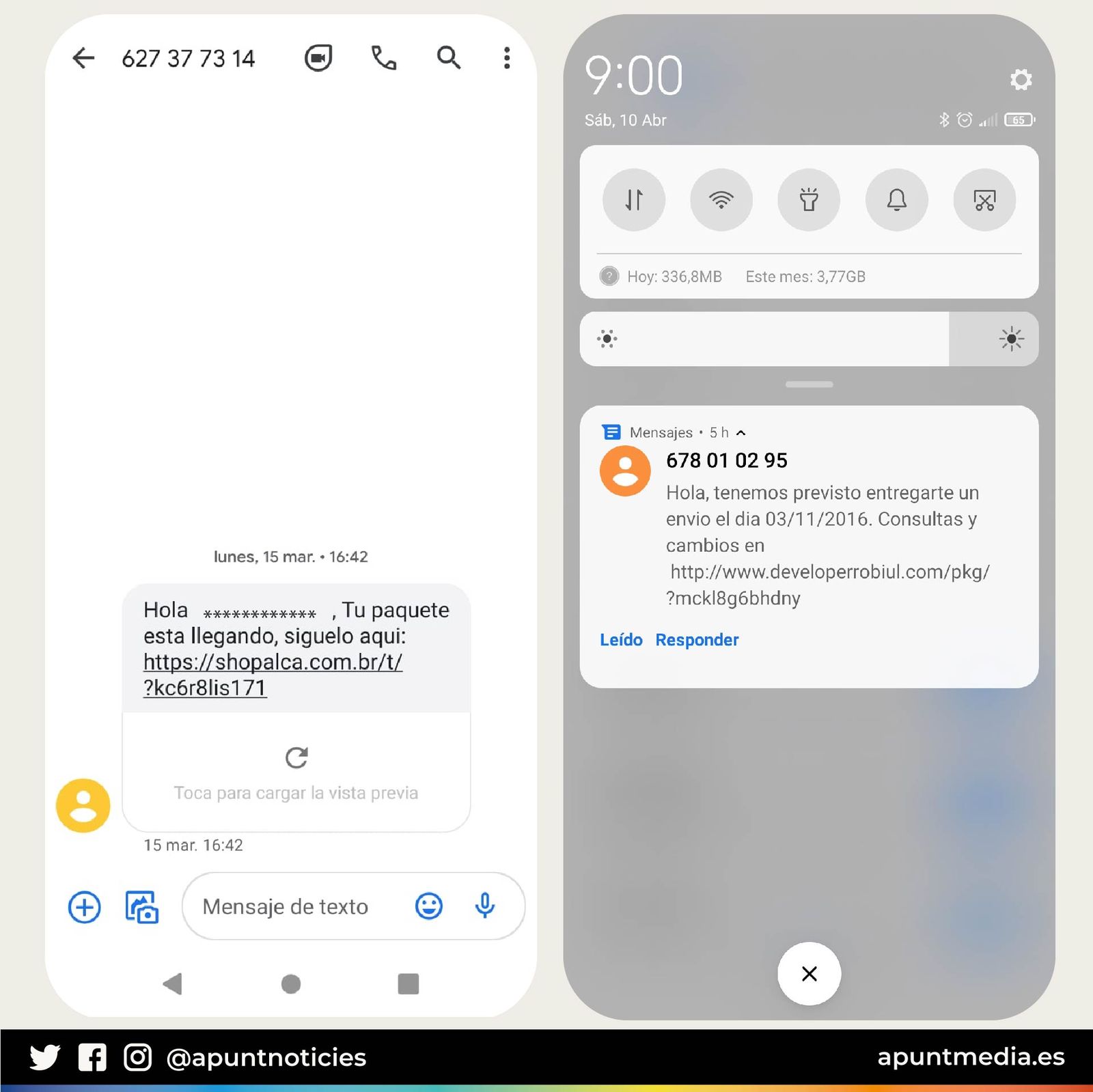 Exemples de phishing en missatges enviats al mòbil