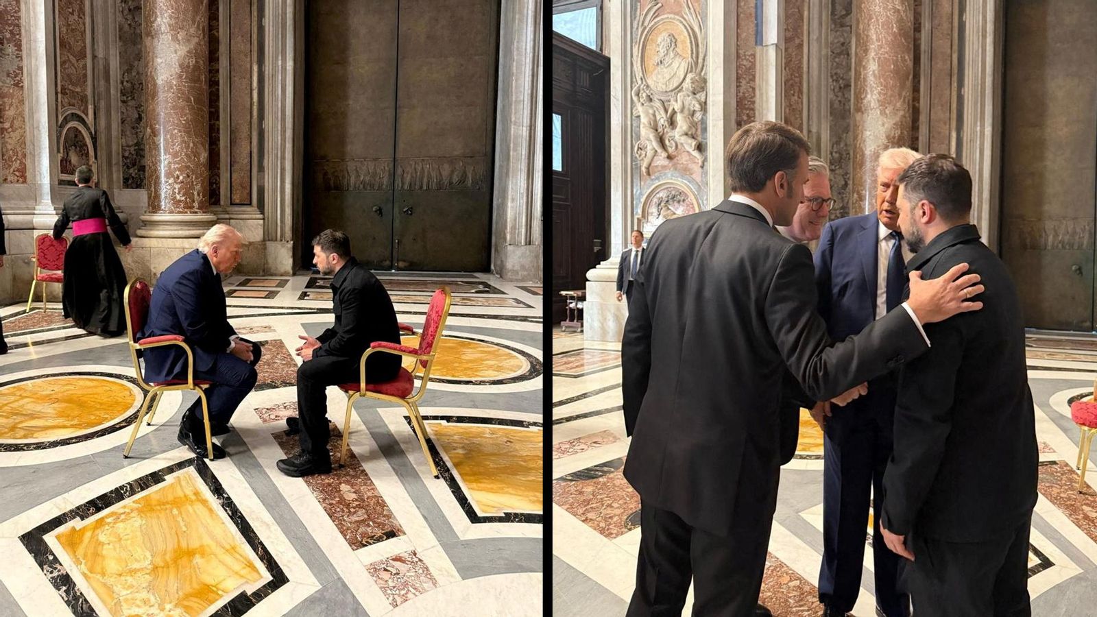 Moments de la reunió d'este matí al Vaticà i el salut amb el francés Emmanuel Macron i el britànic Keir Starmer