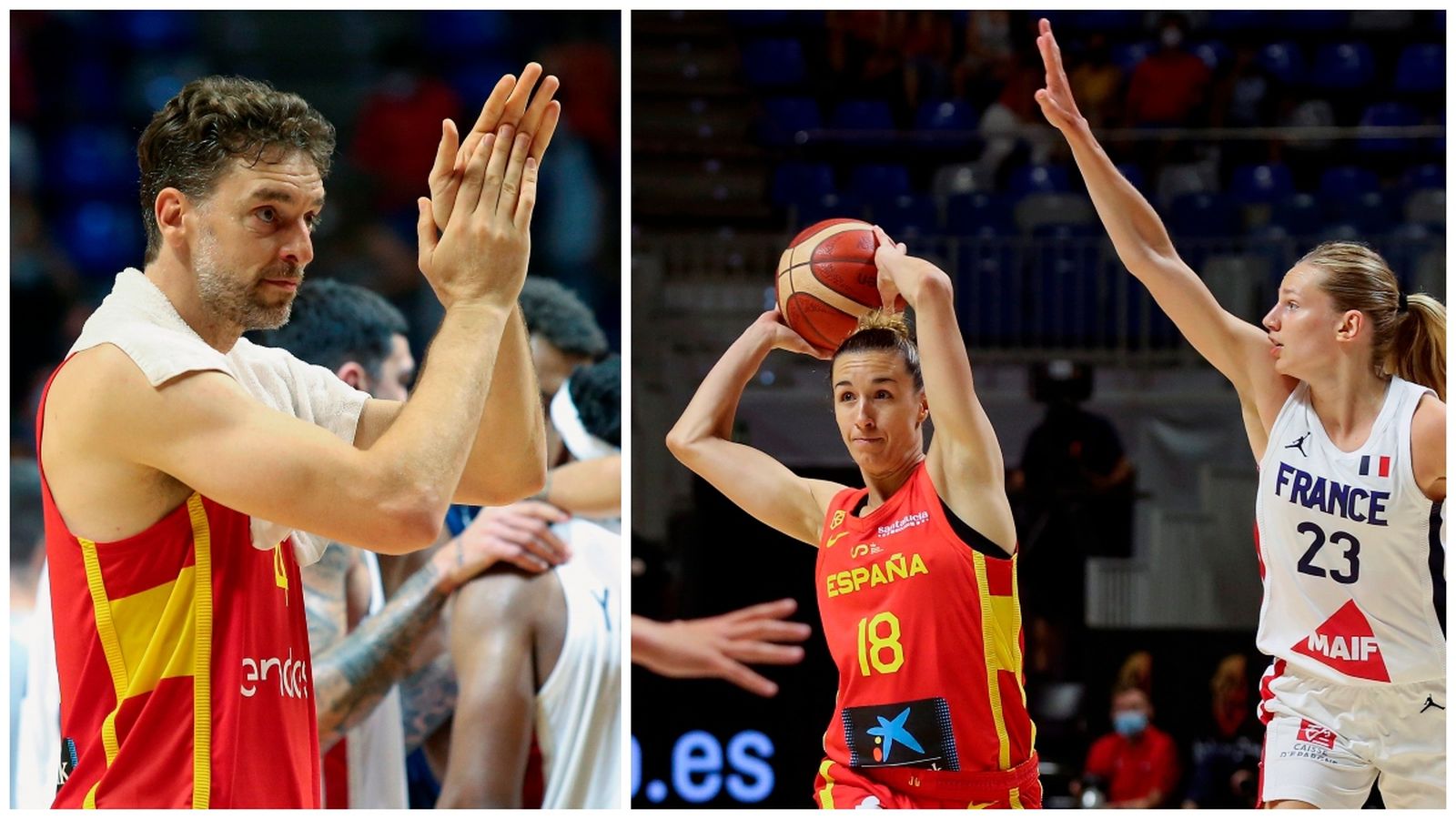 Pau Gasol (esquerra) i Queralt Casas (dreta) durant els partits contra França