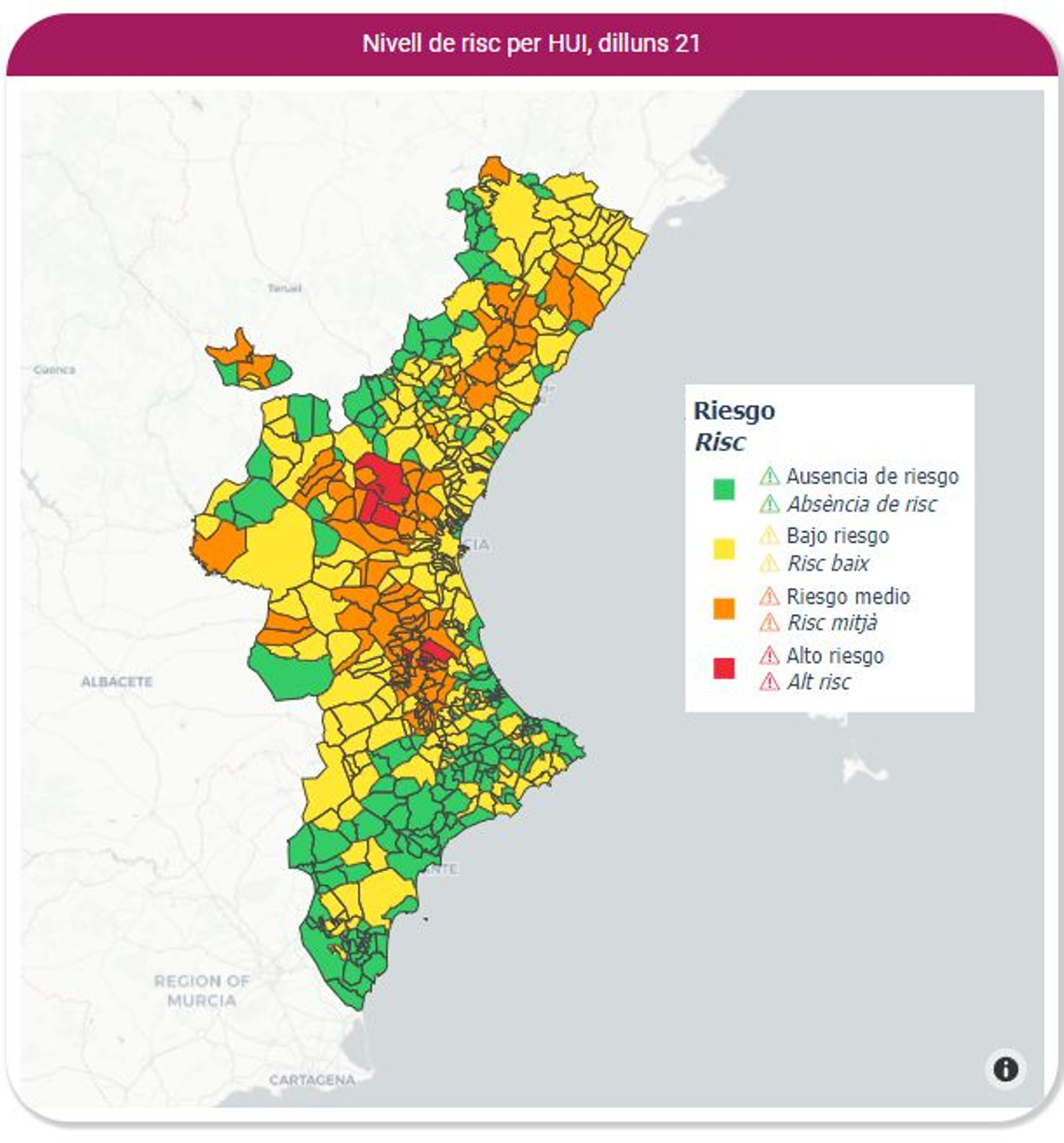 Nivell de risc aquest dilluns a la Comunitat Valenciana