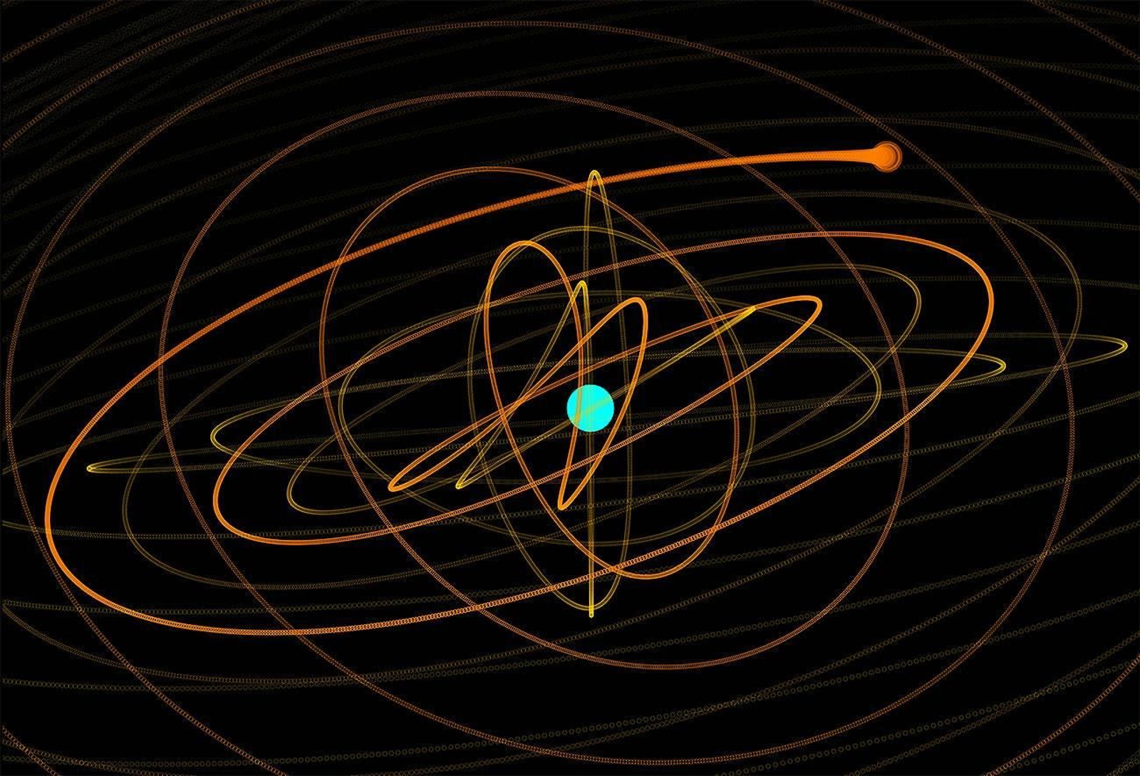 Trajectòria de 2024 PT5 al voltant de la Terra entre 25 anys abans i 25 després de l'època actual
