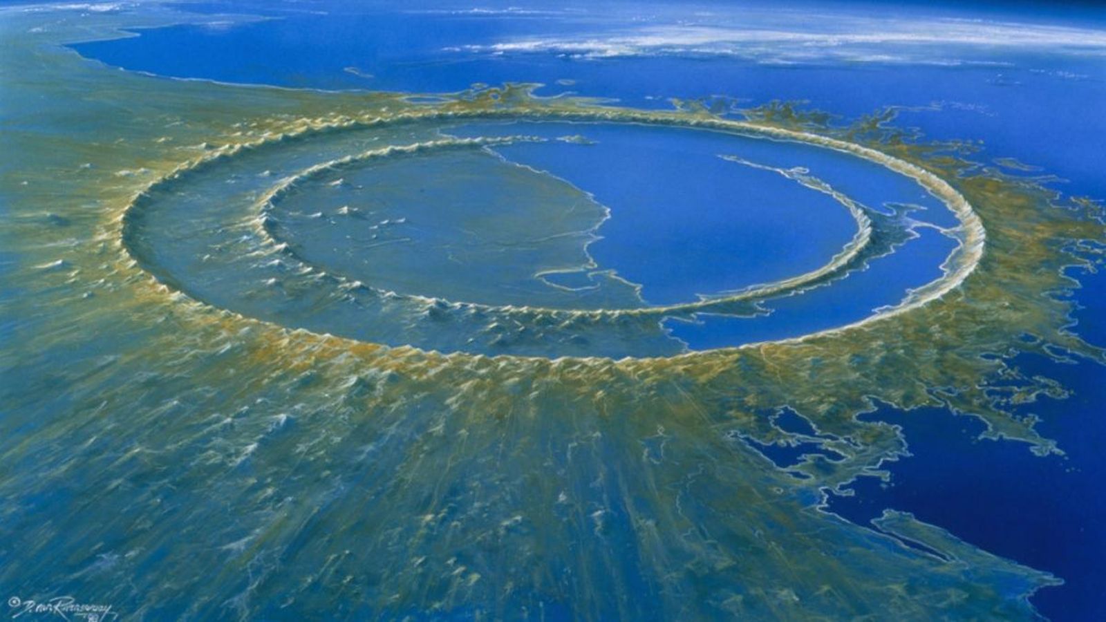 Recreació artística del cràter Chicxulub després de l'impacte d'un gran asteroide Recreació artística del cràter Chicxulub després de l'impacte d'un gran asteroide