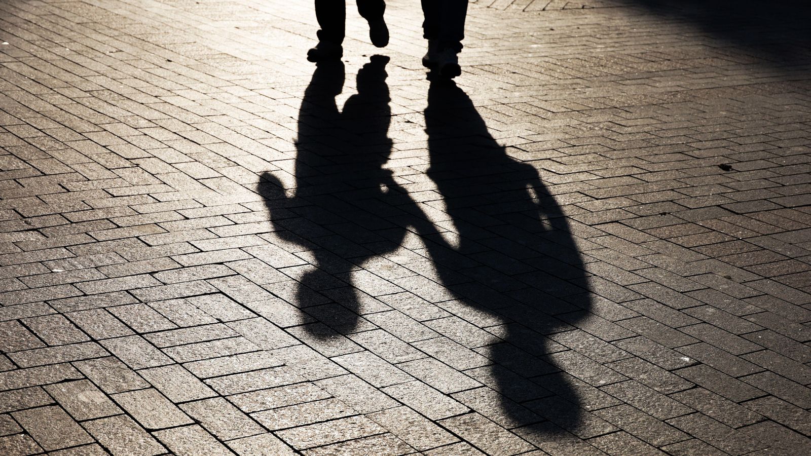 Siluetes d'una criatura i una persona adulta caminant