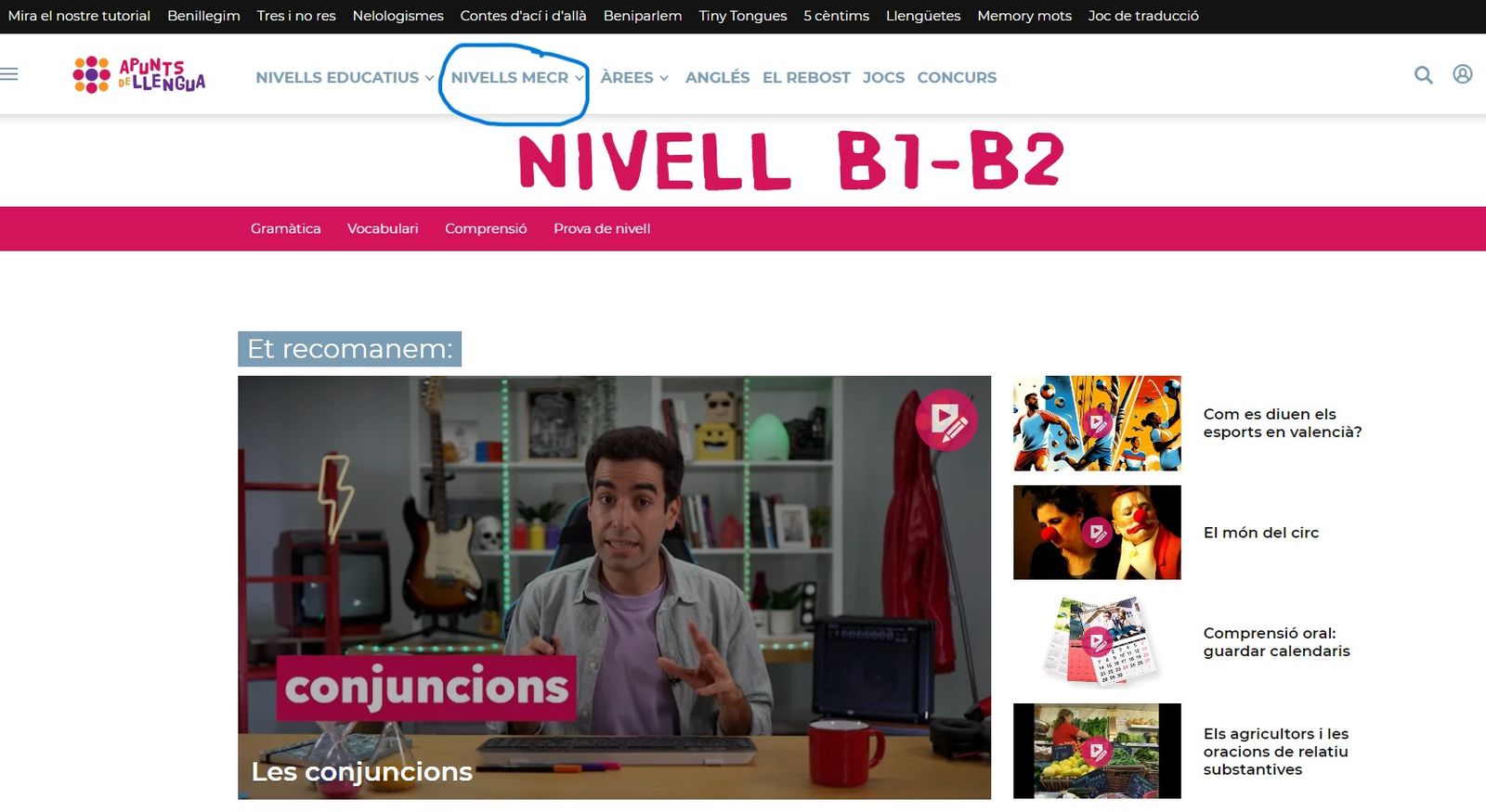 21 Sistema de navegació per nivells MECR en Apunts de llengua