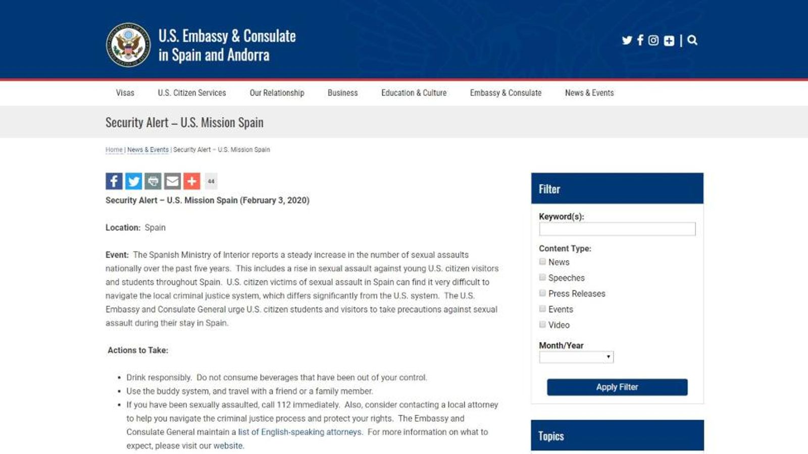 Captura de l’alerta de l’ambaixada, publicada aquest dilluns en la pàgina web oficial