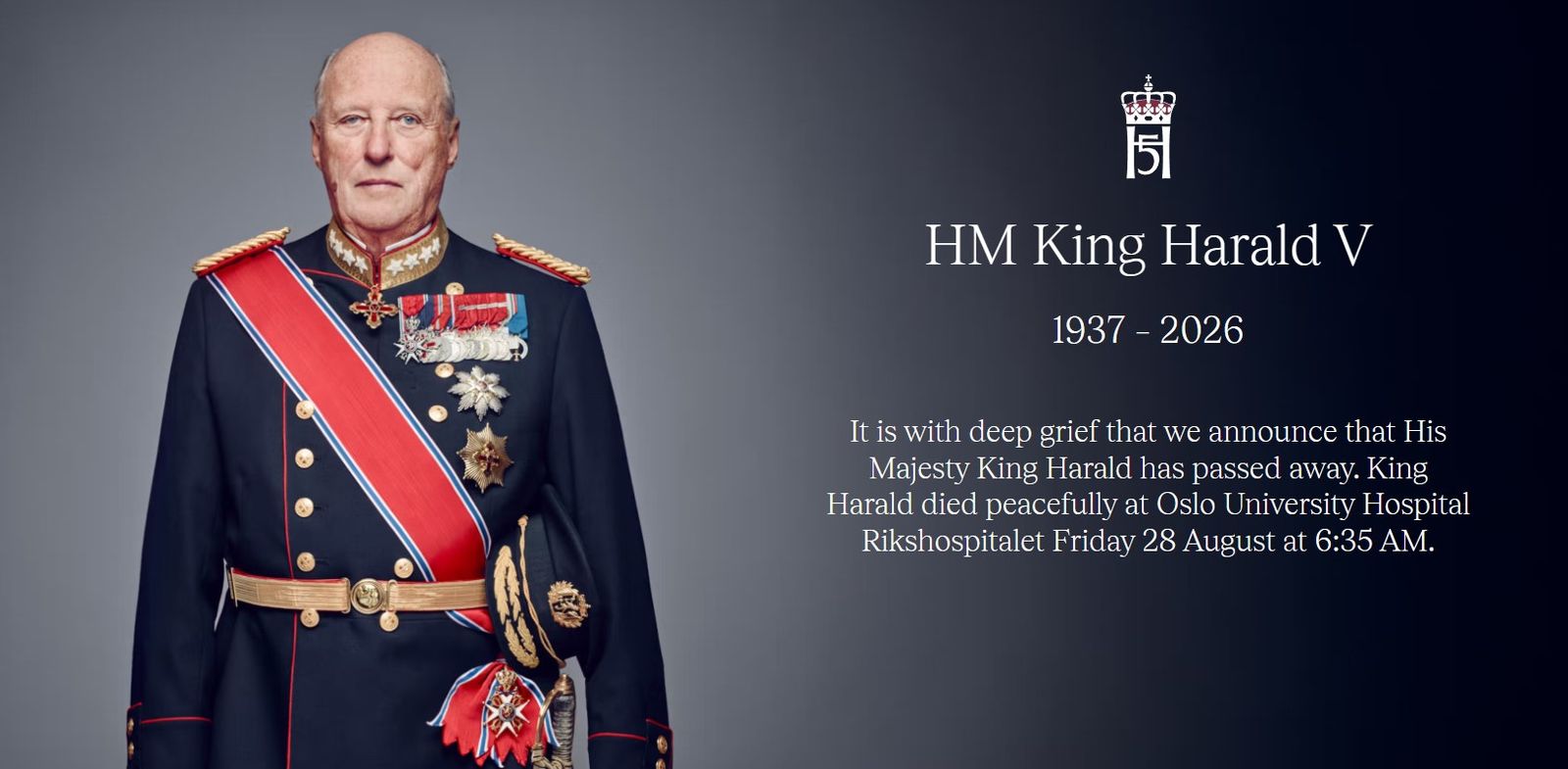 Imatge del web de la casa reial de Noruega, anunciant la mort del rei Harald V