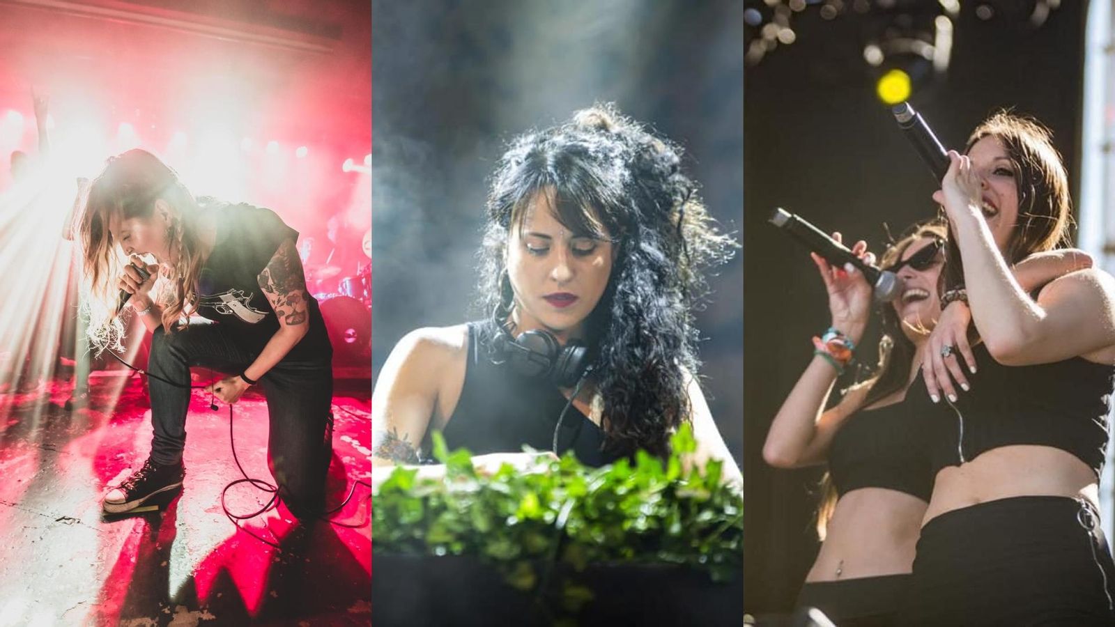 Monty Peirò, cantant a The Backseats (esquera), Maria Deltell, DJ de Maluks (centre) i Natàlia Pons i Mireia Matoses, de Pupil·les (dreta)