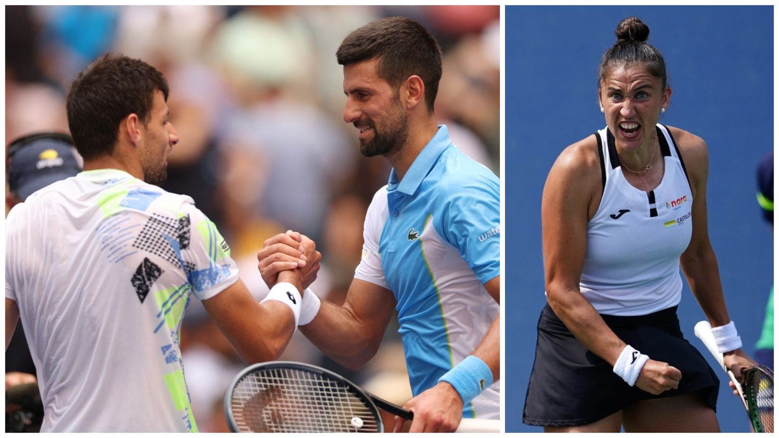 A l'esquerra, Zapata felicita Djokovic pel triomf i, a l'esquerra, Sara Sorribes celebra un punt