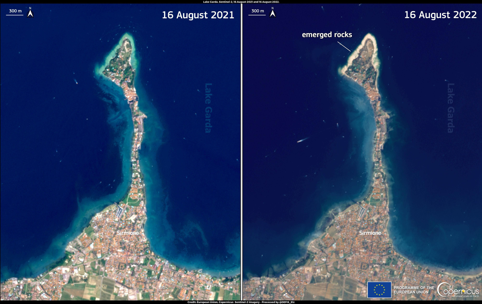 Així es veu la retirada de l'aigua al llag Garda d'Itàlia des del satèl·lit Sentinel 2